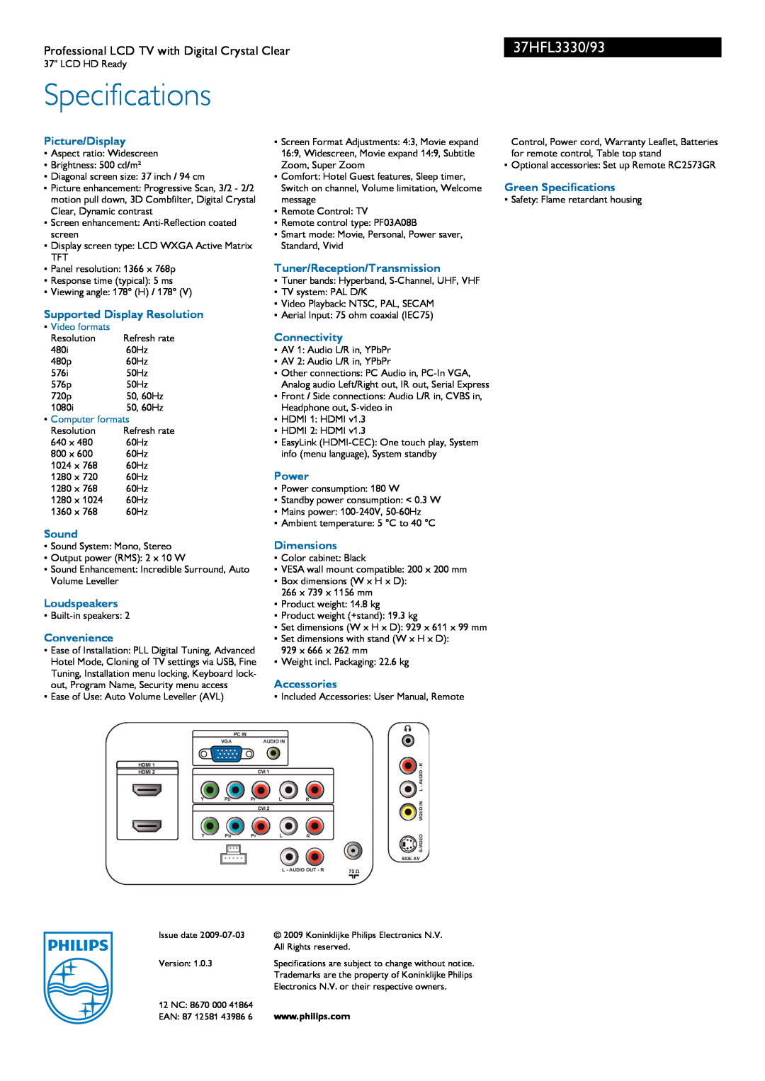 Philips 37HFL3330/93 manual Specifications 