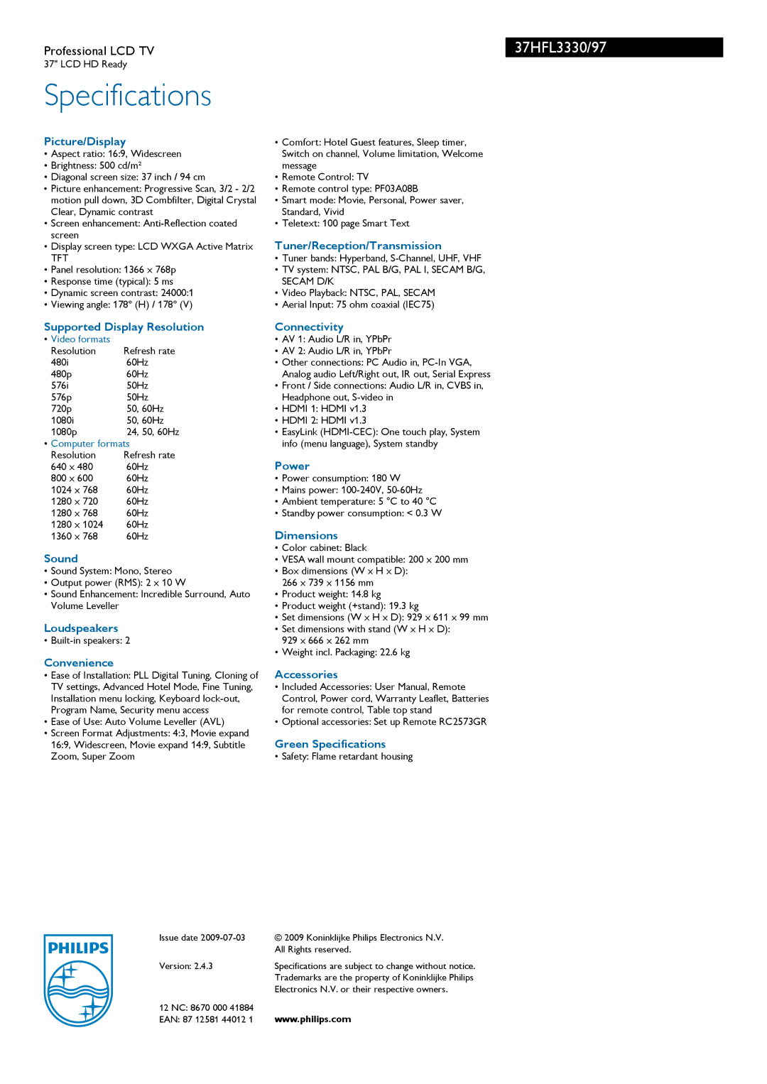 Philips 37HFL3330/97 Picture/Display, Tuner/Reception/Transmission, Supported Display Resolution, Sound, Loudspeakers 