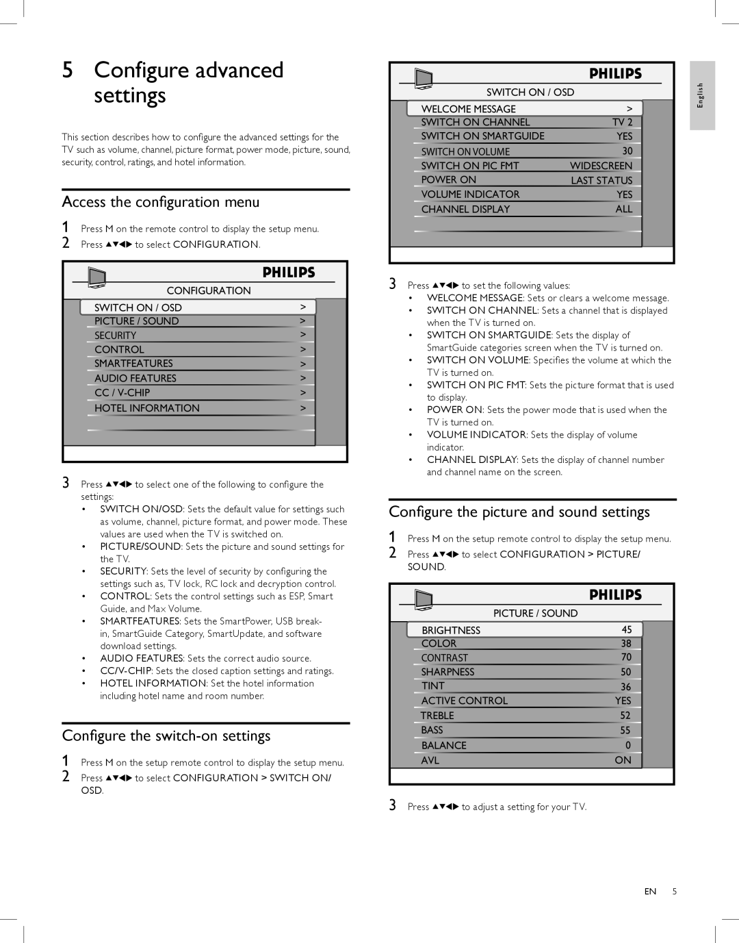 Philips 32HFL4461F/27 manual Configure advanced settings, Access the configuration menu, Configure the switch-on settings 