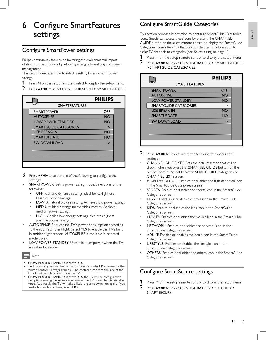 Philips 37HFL4481F/27 manual Configure SmartPower settings, Configure SmartGuide Categories, Configure SmartSecure settings 