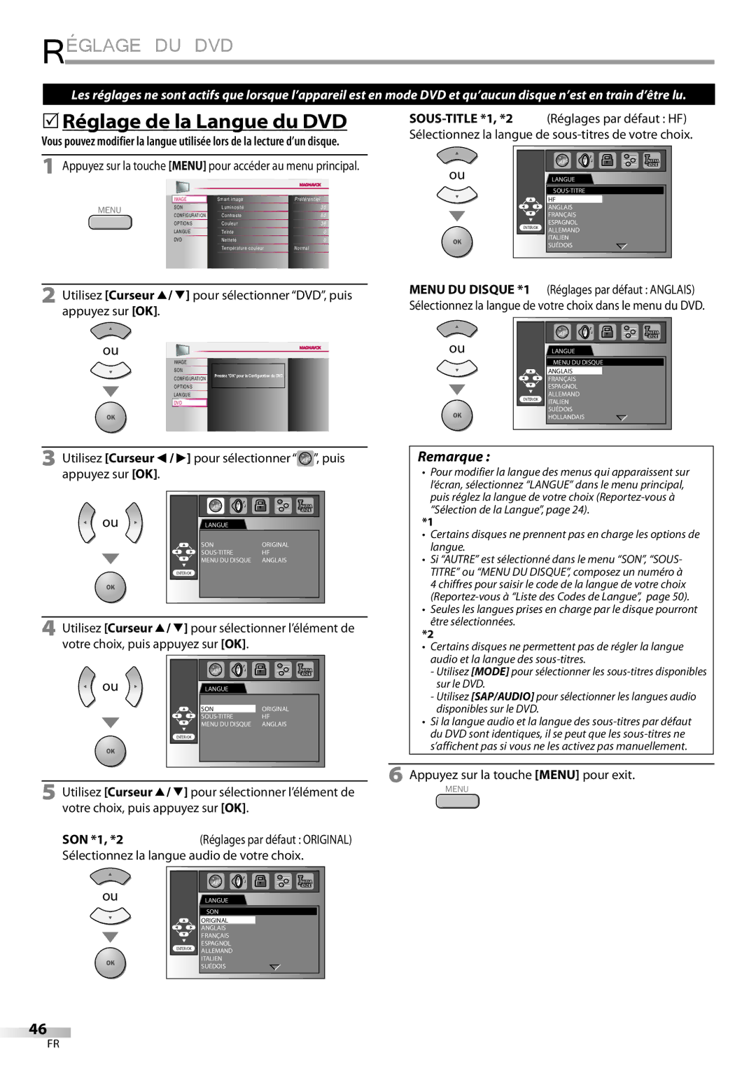 Philips 37MD359B user manual Réglage DU DVD, Réglage de la Langue du DVD, Appuyez sur la touche Menu pour exit 