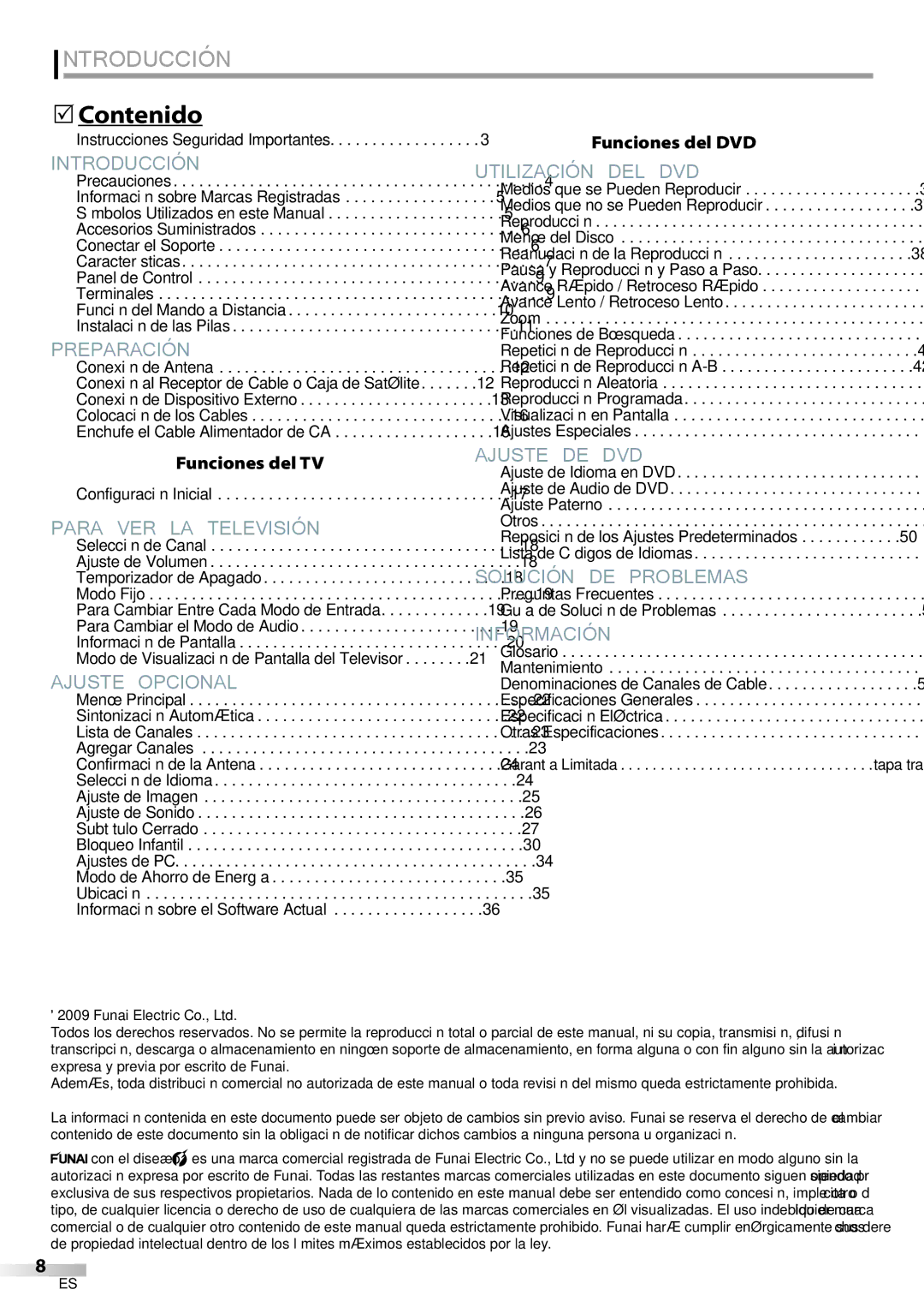 Philips 37MD359B user manual  Contenido, Funciones del TV, Funciones del DVD 