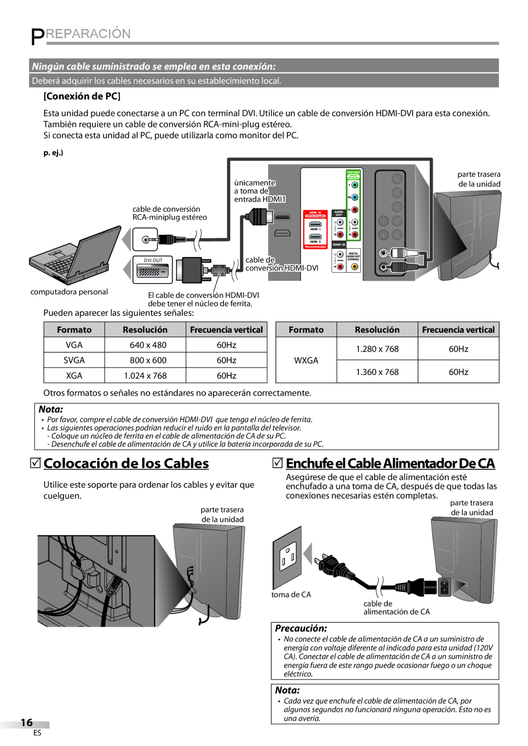 Philips 37MD359B user manual  Colocación de los Cables,  EnchufeelCableAlimentadorDeCA, Conexión de PC, Precaución 