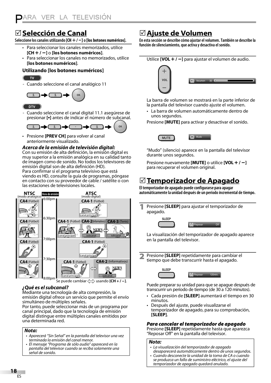 Philips 37MD359B user manual Para VER LA Televisión,  Selección de Canal,  Ajuste de Volumen,  Temporizador de Apagado 