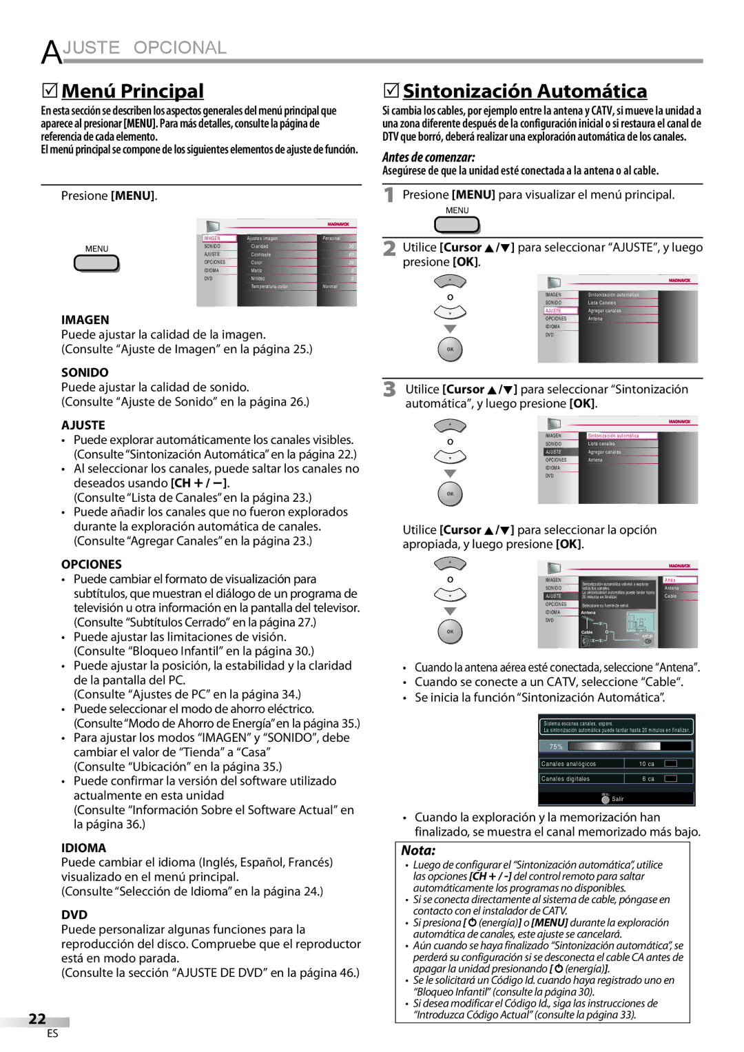 Philips 37MD359B user manual Ajuste Opcional,  Menú Principal,  Sintonización Automática 