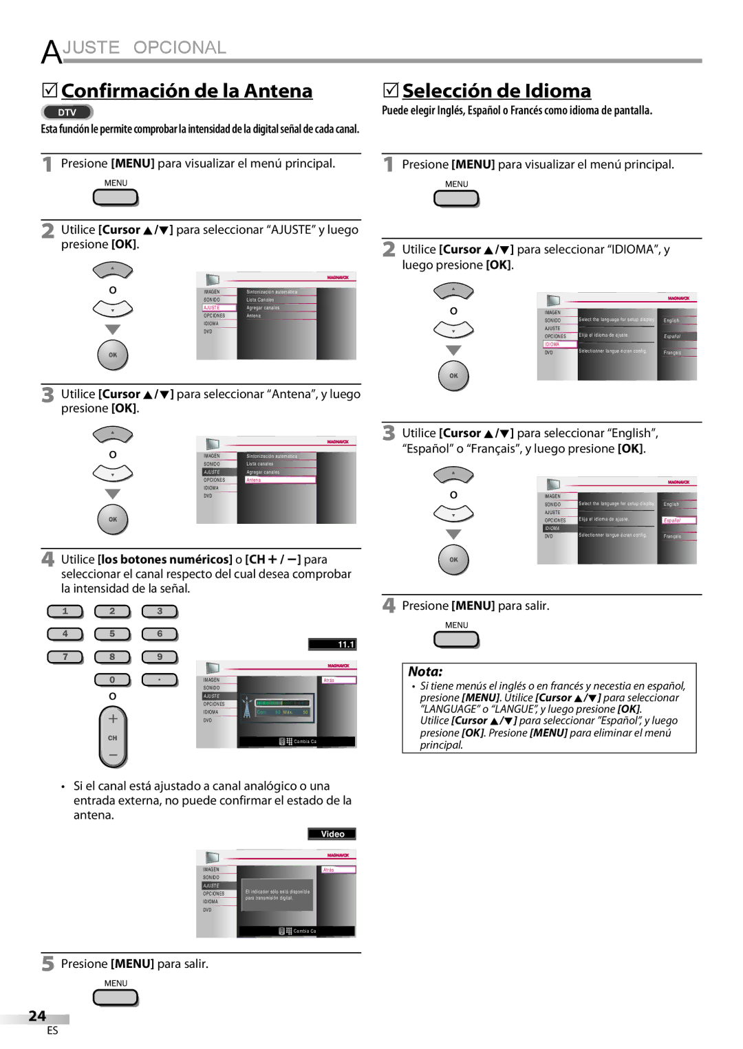 Philips 37MD359B user manual  Confirmación de la Antena,  Selección de Idioma 