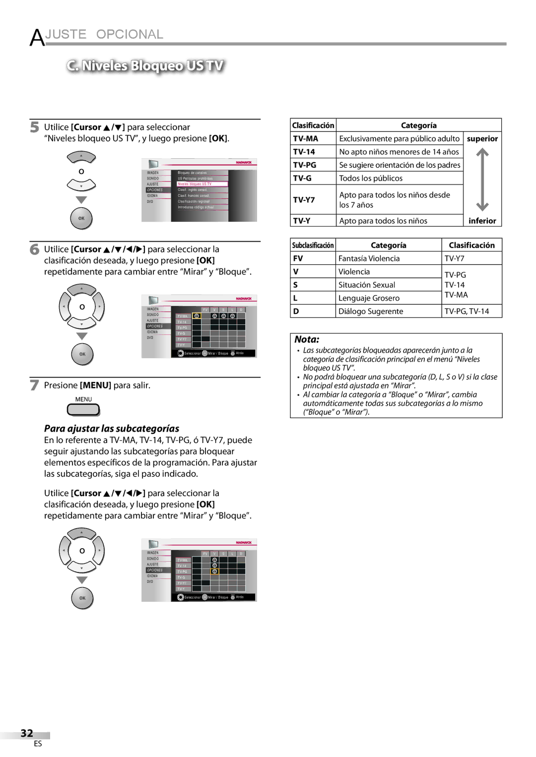 Philips 37MD359B user manual Niveles Bloqueo US TV, Para ajustar las subcategorías 