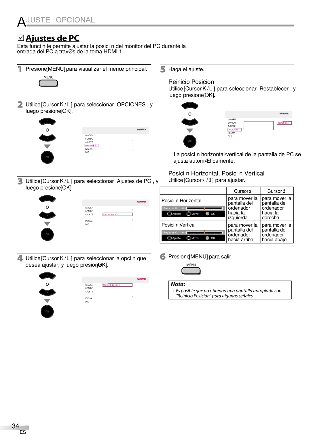 Philips 37MD359B user manual  Ajustes de PC, Reinicio Posicion, Posición Horizontal, Posición Vertical, Haga el ajuste 
