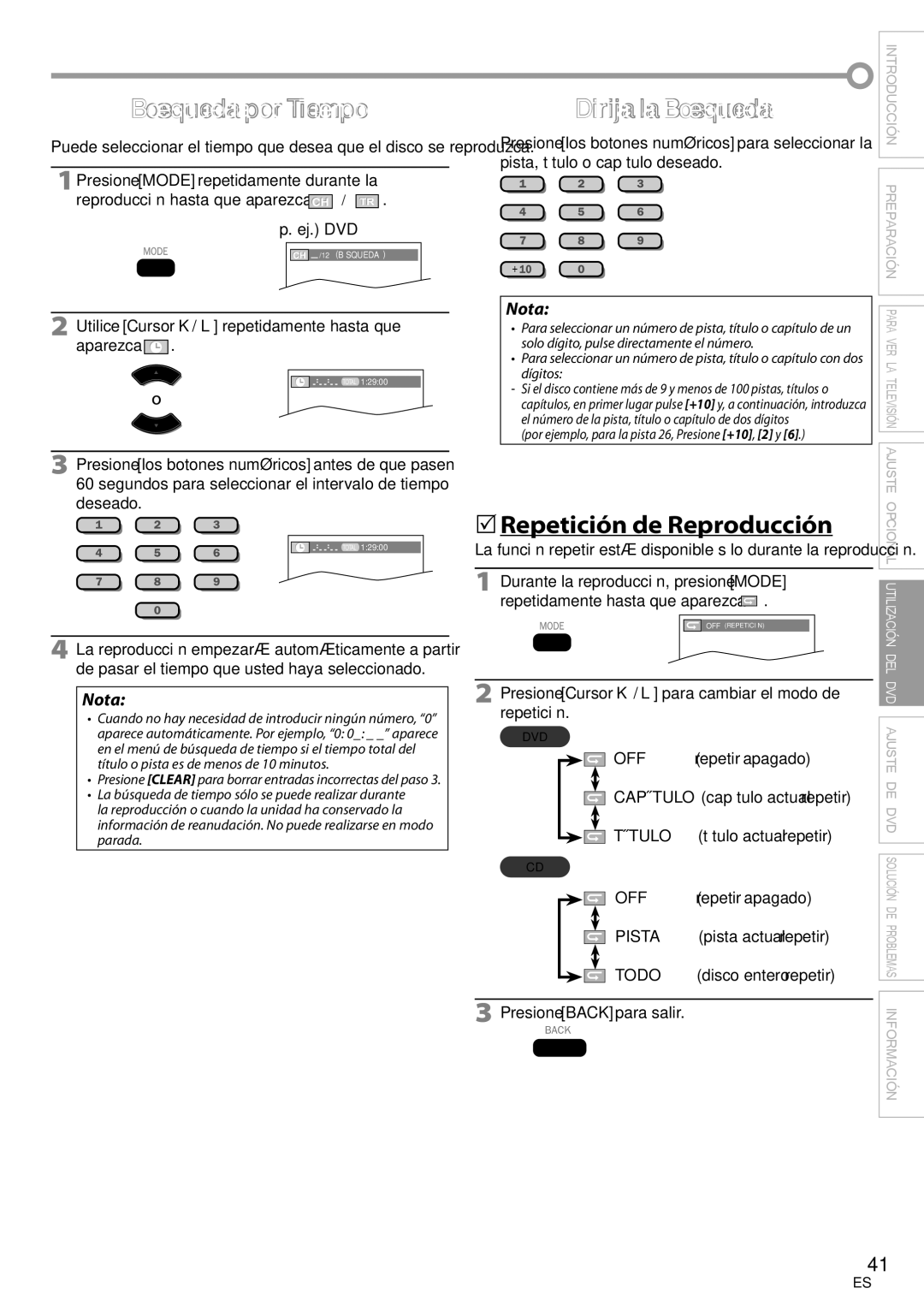 Philips 37MD359B user manual Búsqueda por Tiempo, Dirija la Búsqueda, Repetición de Reproducción 