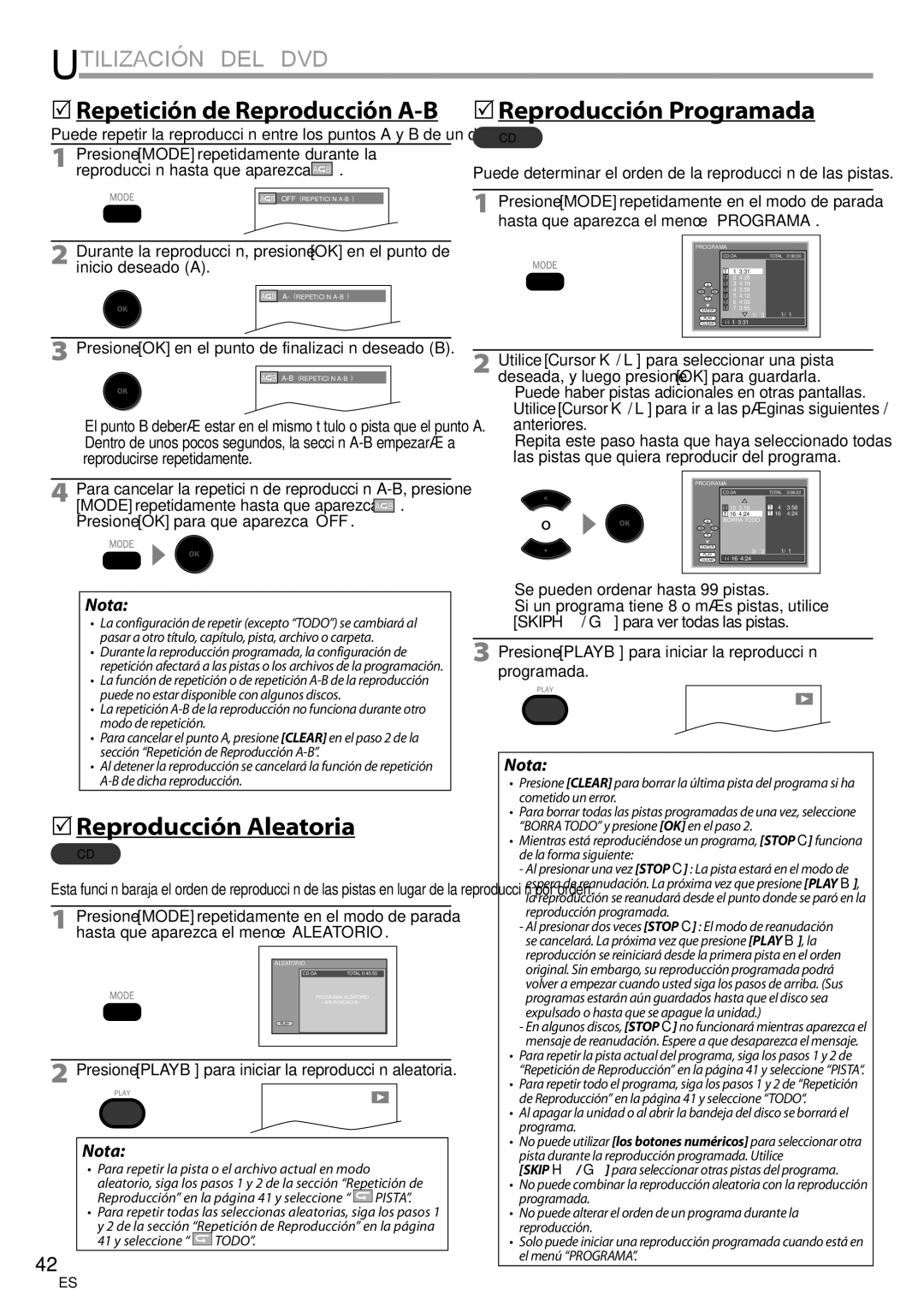 Philips 37MD359B user manual  Reproducción Programada,  Reproducción Aleatoria, Se pueden ordenar hasta 99 pistas 