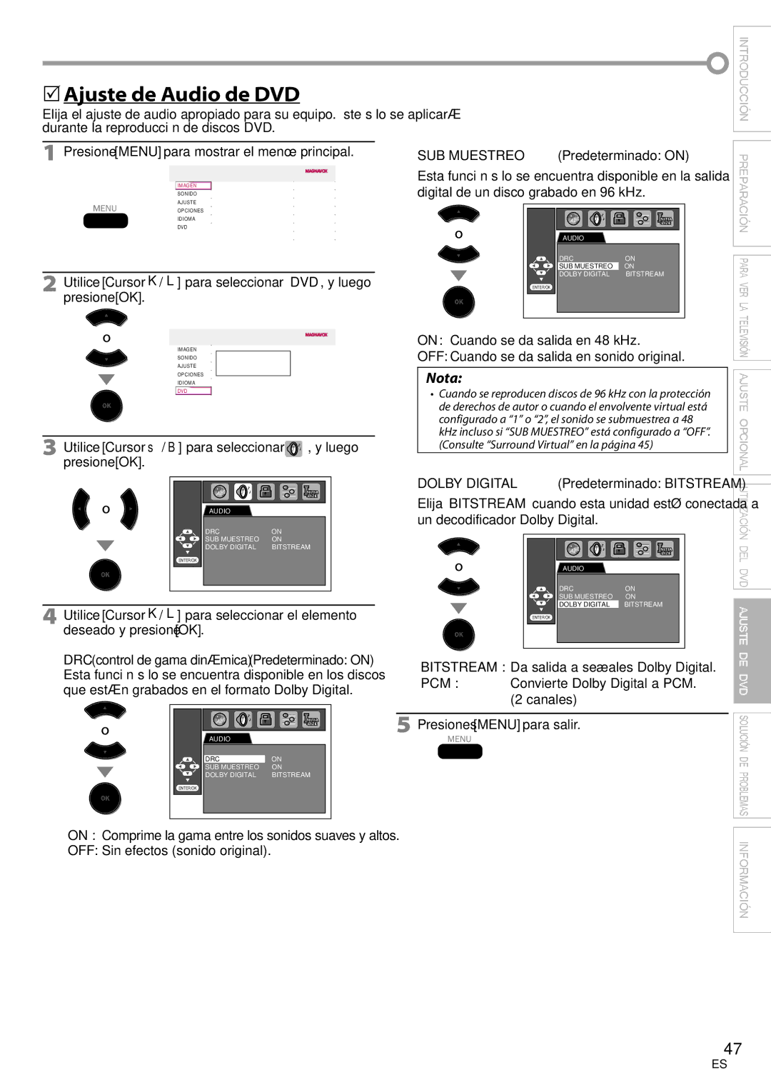 Philips 37MD359B user manual  Ajuste de Audio de DVD 