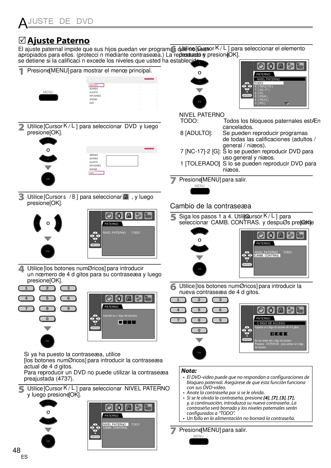 Philips 37MD359B user manual  Ajuste Paterno, Si ya ha puesto la contraseña, utilice, Nivel Paterno 