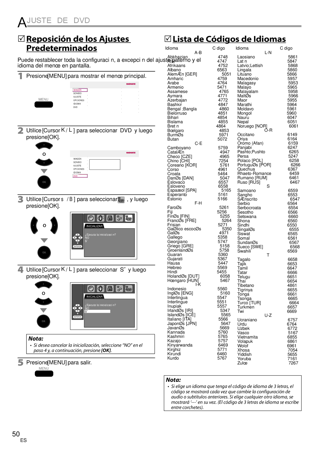 Philips 37MD359B user manual  Lista de Códigos de Idiomas, Utilice Cursor K/ L para seleccionar SÍ y luego presione OK 