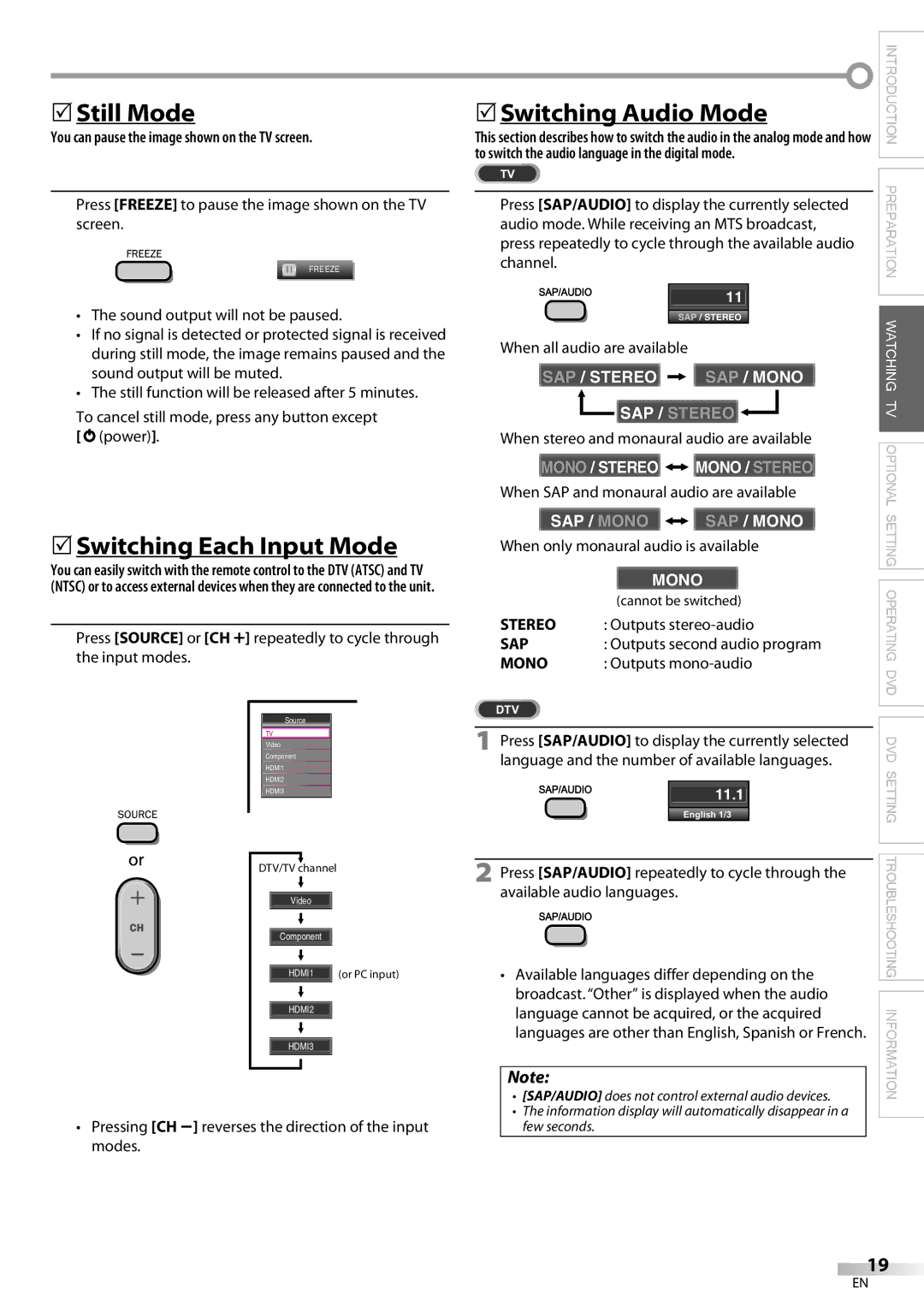 Philips 37MD359B user manual  Still Mode,  Switching Each Input Mode, Switching Audio Mode 