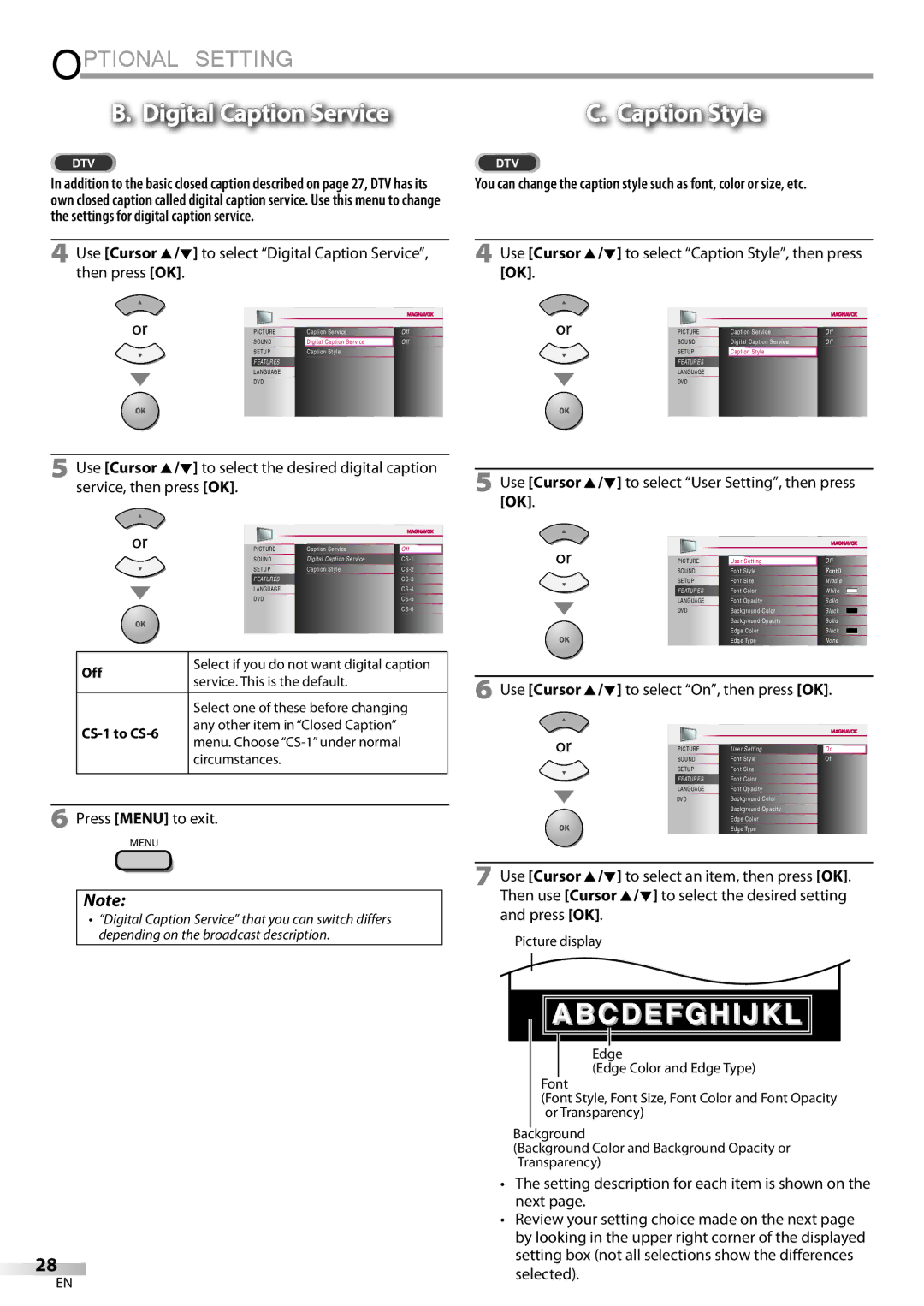 Philips 37MD359B To select Digital Caption Service, Use Cursor K/L to select On, then press OK, CS-1 to CS-6 