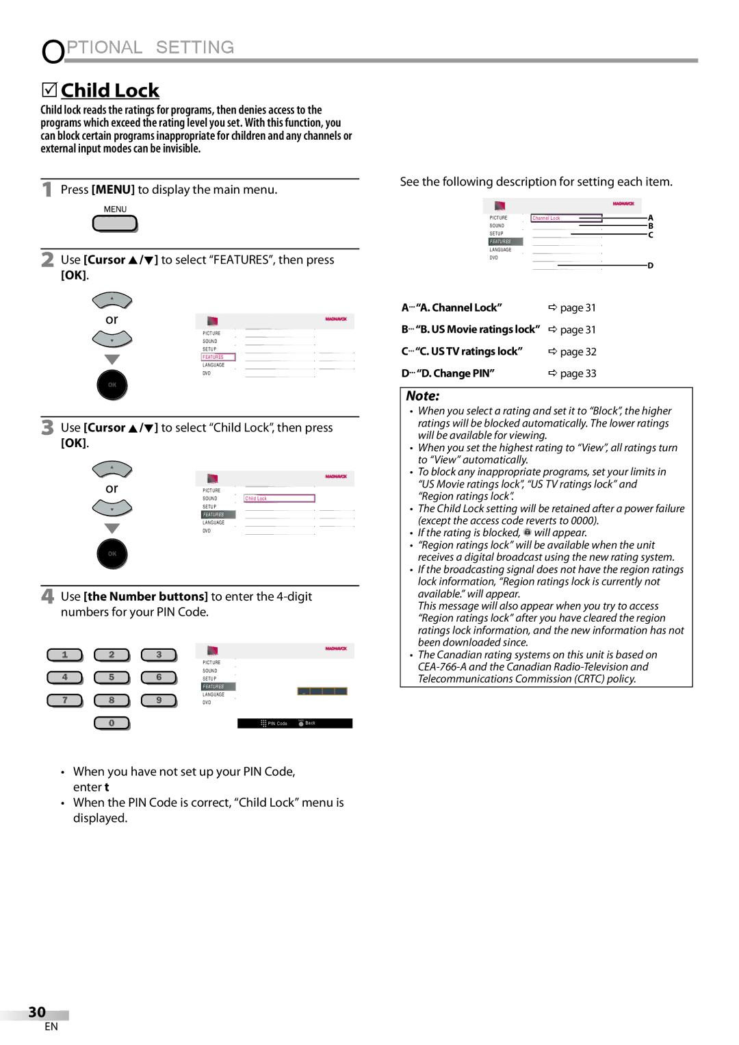 Philips 37MD359B user manual  Child Lock, Use Cursor K/L to select Child Lock, then press, Channel Lock, Change PIN 