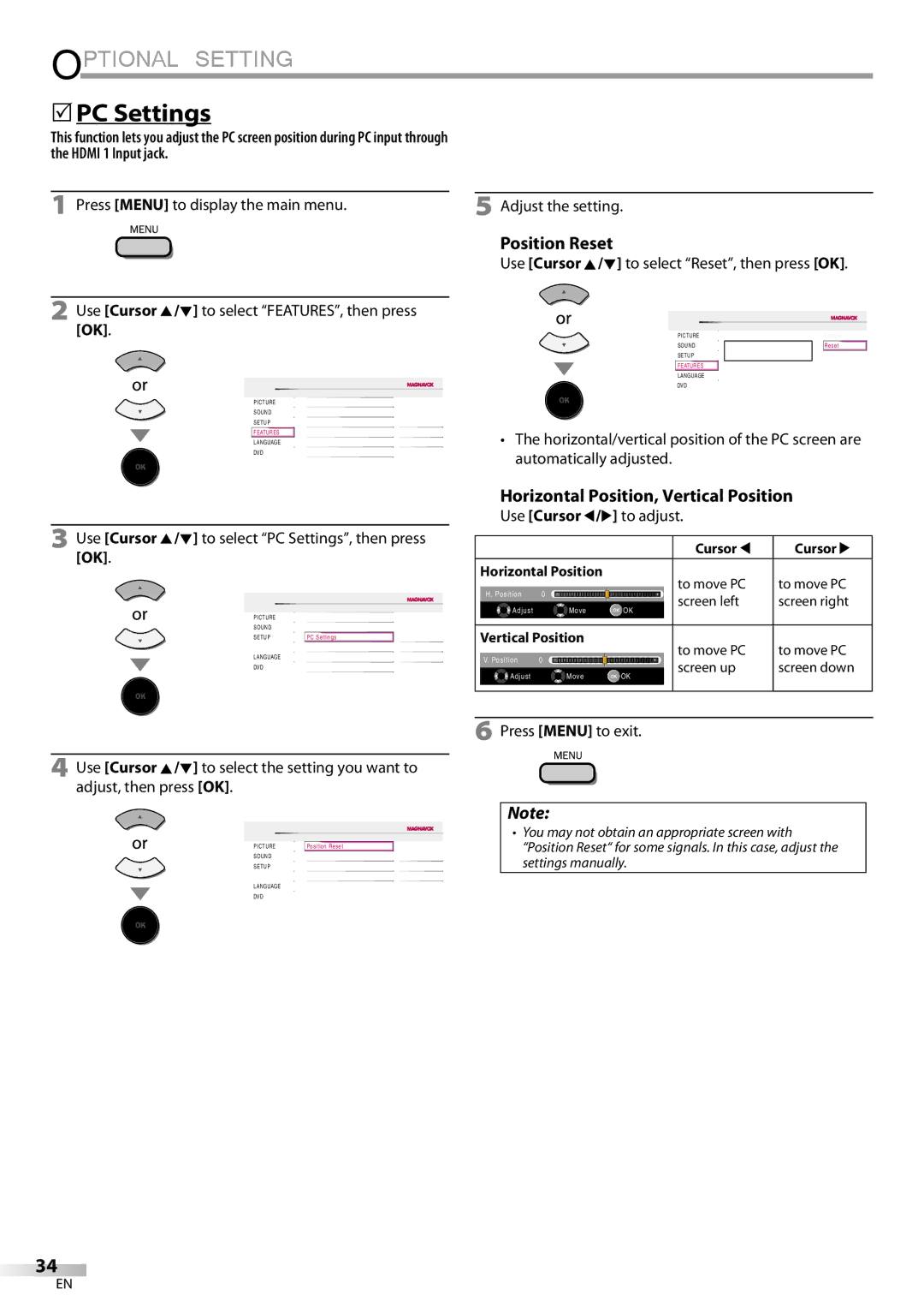 Philips 37MD359B  PC Settings, Position Reset, Horizontal Position, Vertical Position, Use Cursor s/B to adjust 