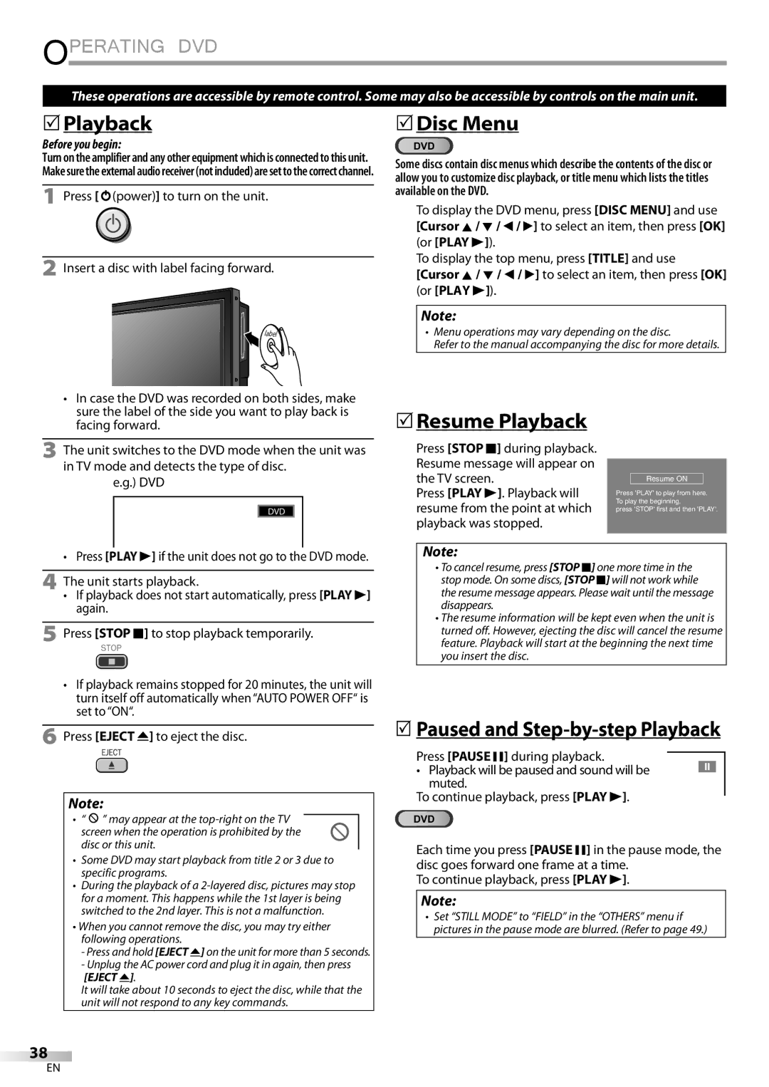 Philips 37MD359B  Playback,  Disc Menu,  Resume Playback, Press Play B if the unit does not go to the DVD mode 