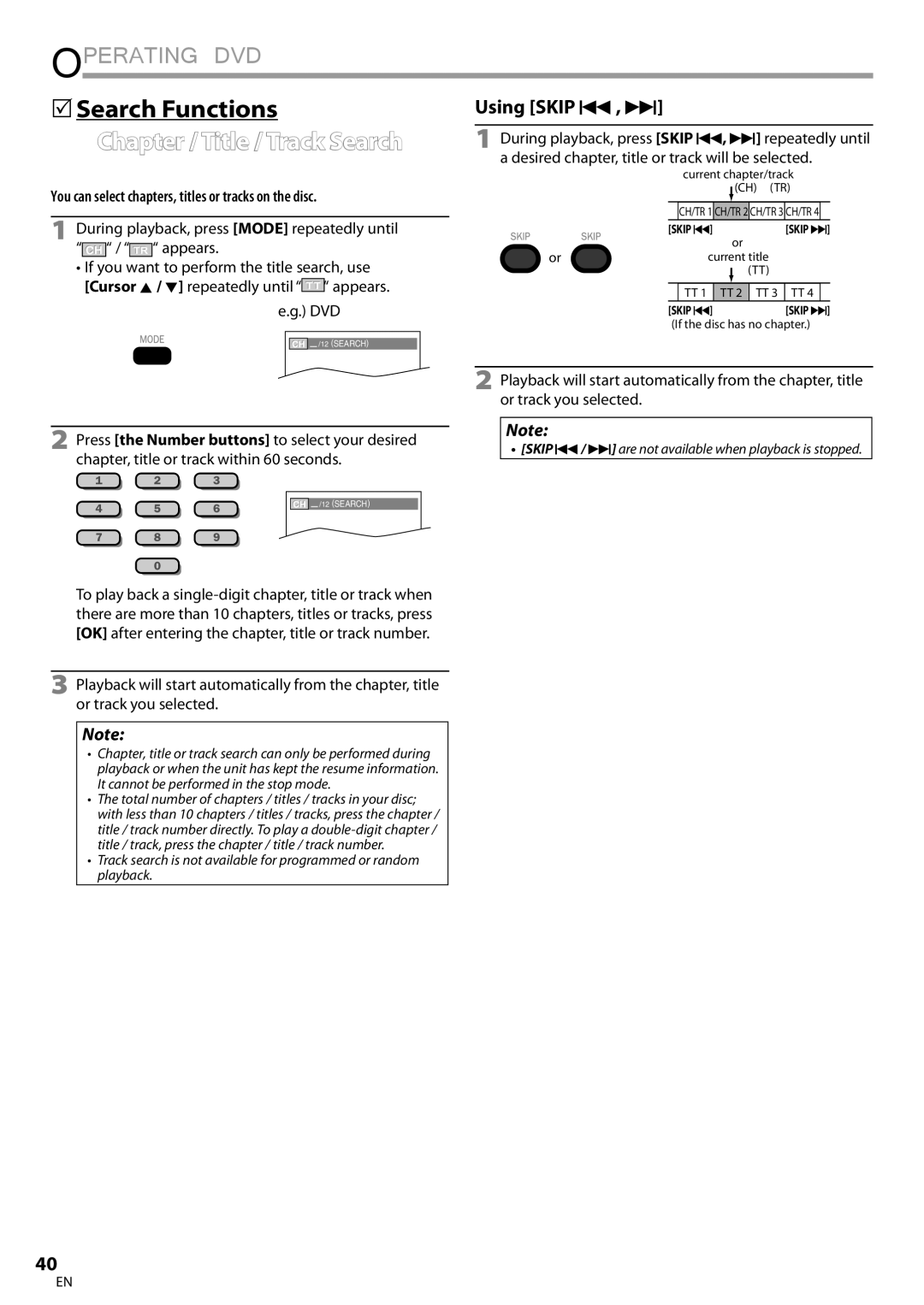 Philips 37MD359B  Search Functions, Chapter / Title / Track Search, You can select chapters, titles or tracks on the disc 