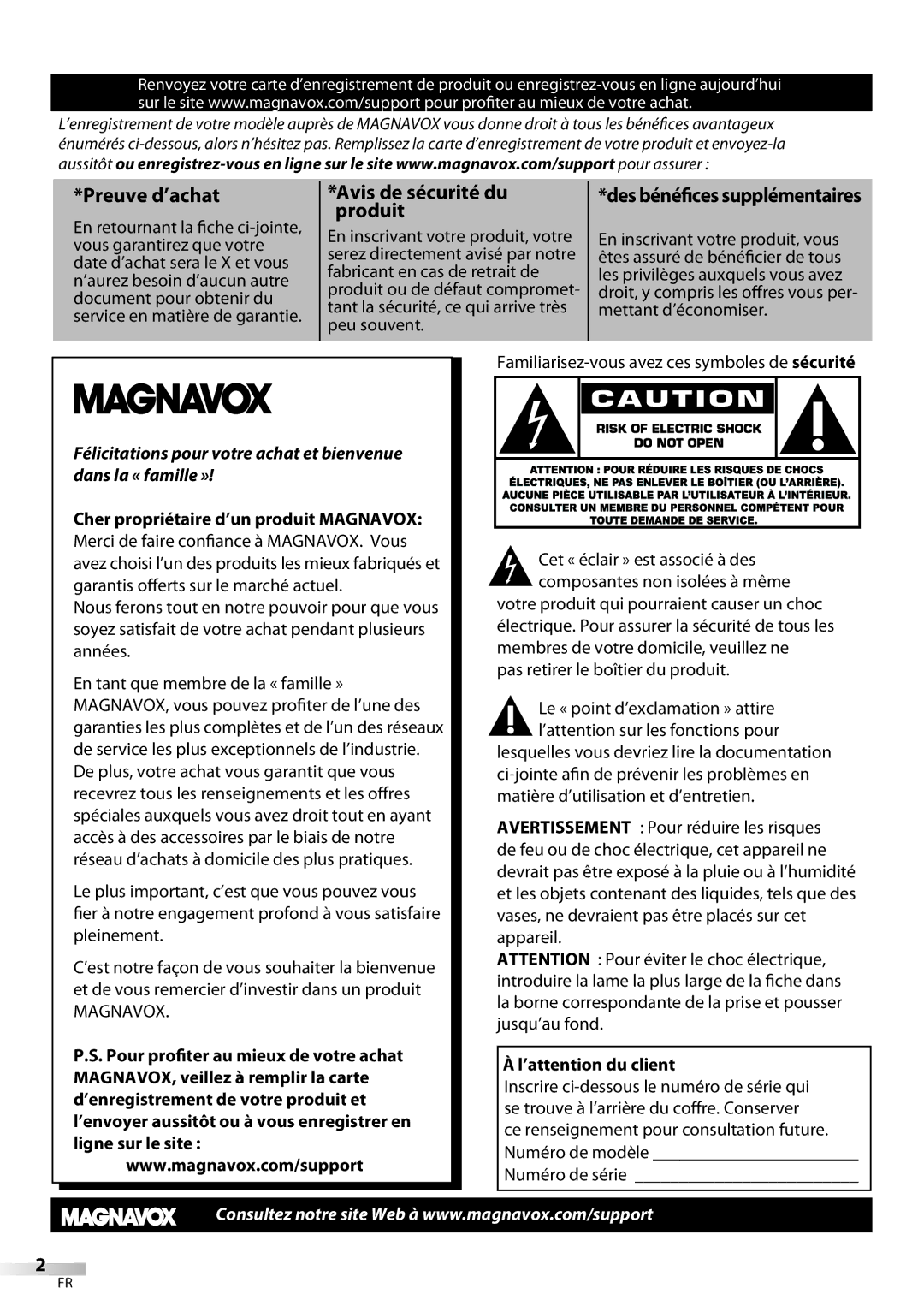 Philips 37MD359B user manual Des bénéfices supplémentaires, Cher propriétaire d’un produit Magnavox, ’attention du client 