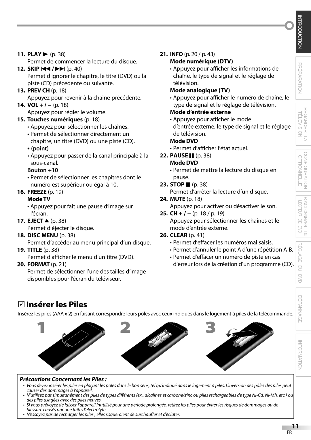 Philips 37MD359B user manual  Insérer les Piles, Précautions Concernant les Piles 