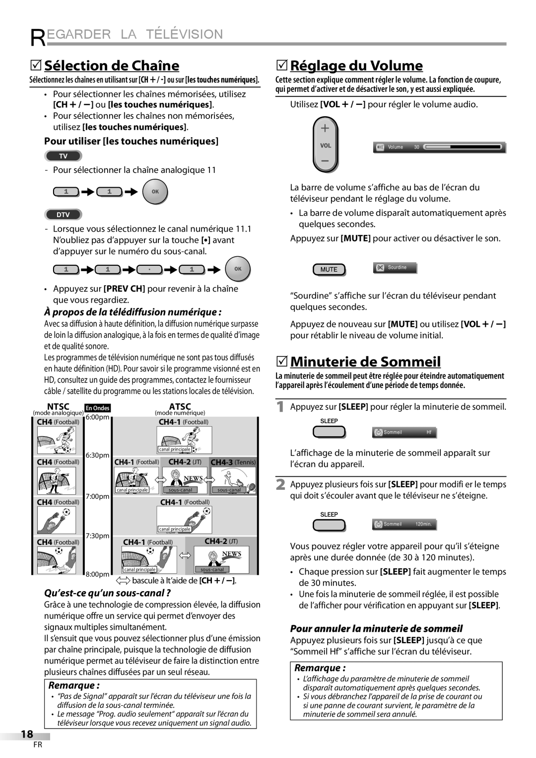 Philips 37MD359B user manual Regarder LA Télévision,  Sélection de Chaîne,  Réglage du Volume,  Minuterie de Sommeil 