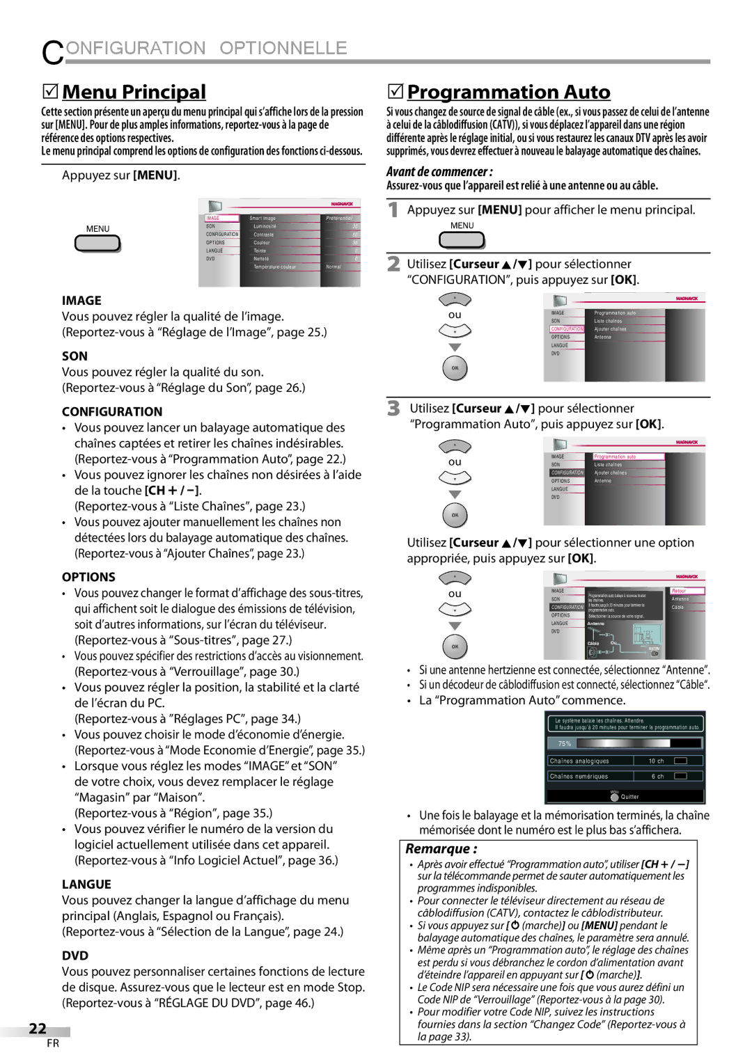 Philips 37MD359B user manual Configuration Optionnelle,  Menu Principal,  Programmation Auto 