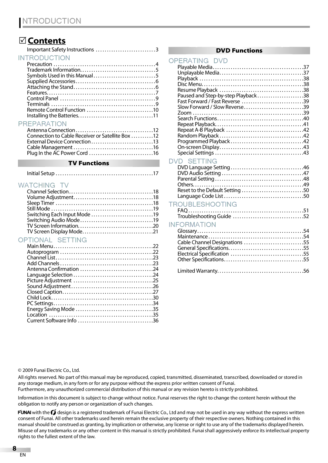 Philips 37MD359B user manual  Contents, TV Functions, DVD Functions 