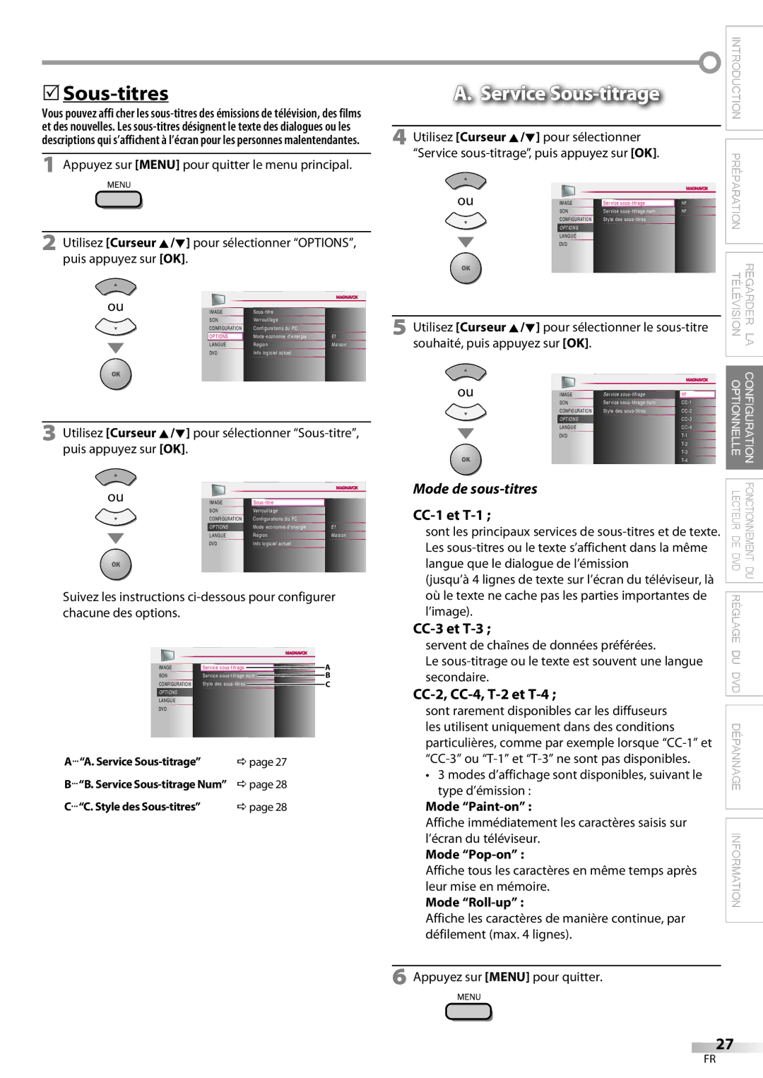 Philips 37MD359B user manual  Sous-titres, Mode de sous-titres, CC-1 et T-1, CC-3 et T-3 