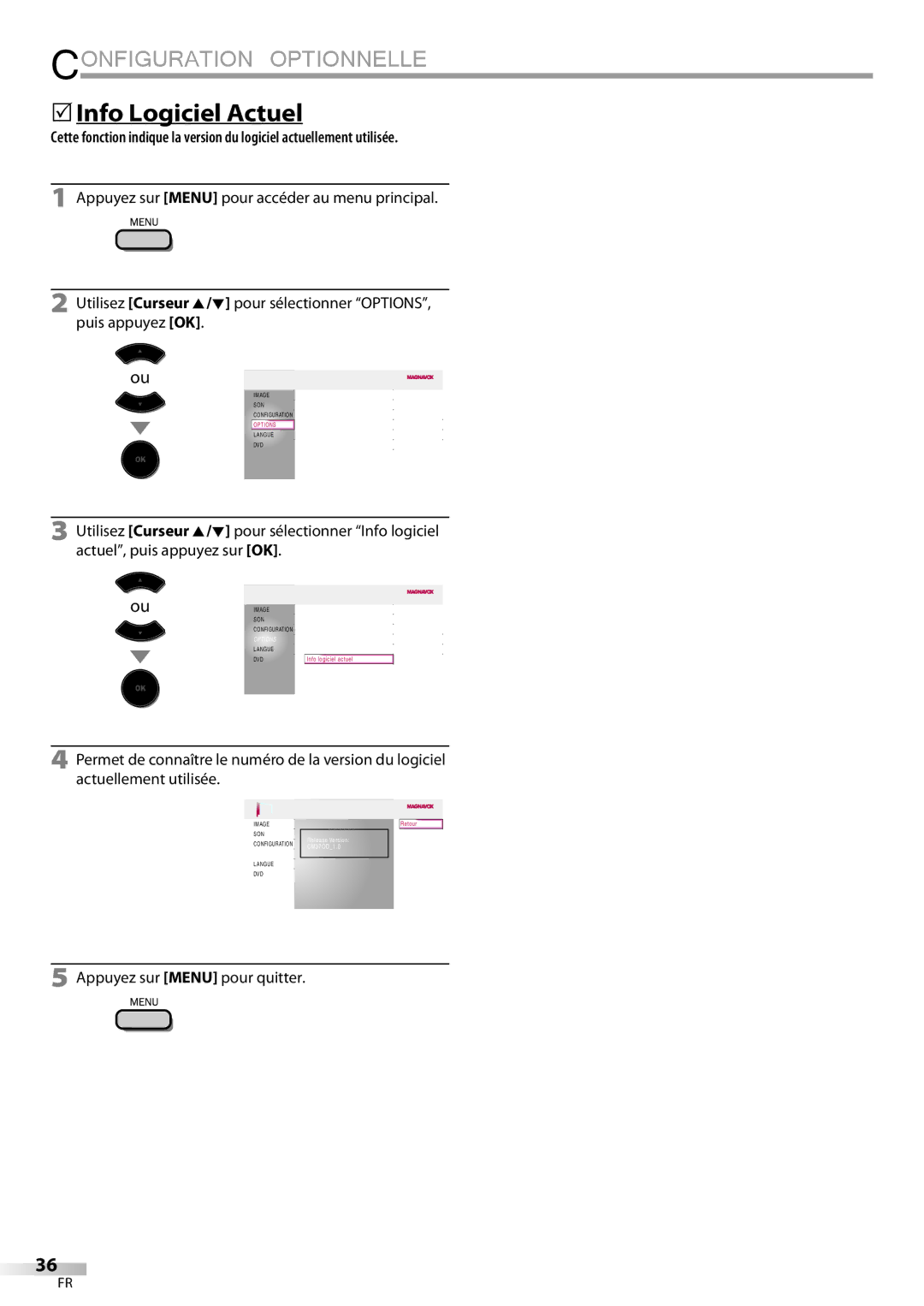 Philips 37MD359B user manual  Info Logiciel Actuel, Options 