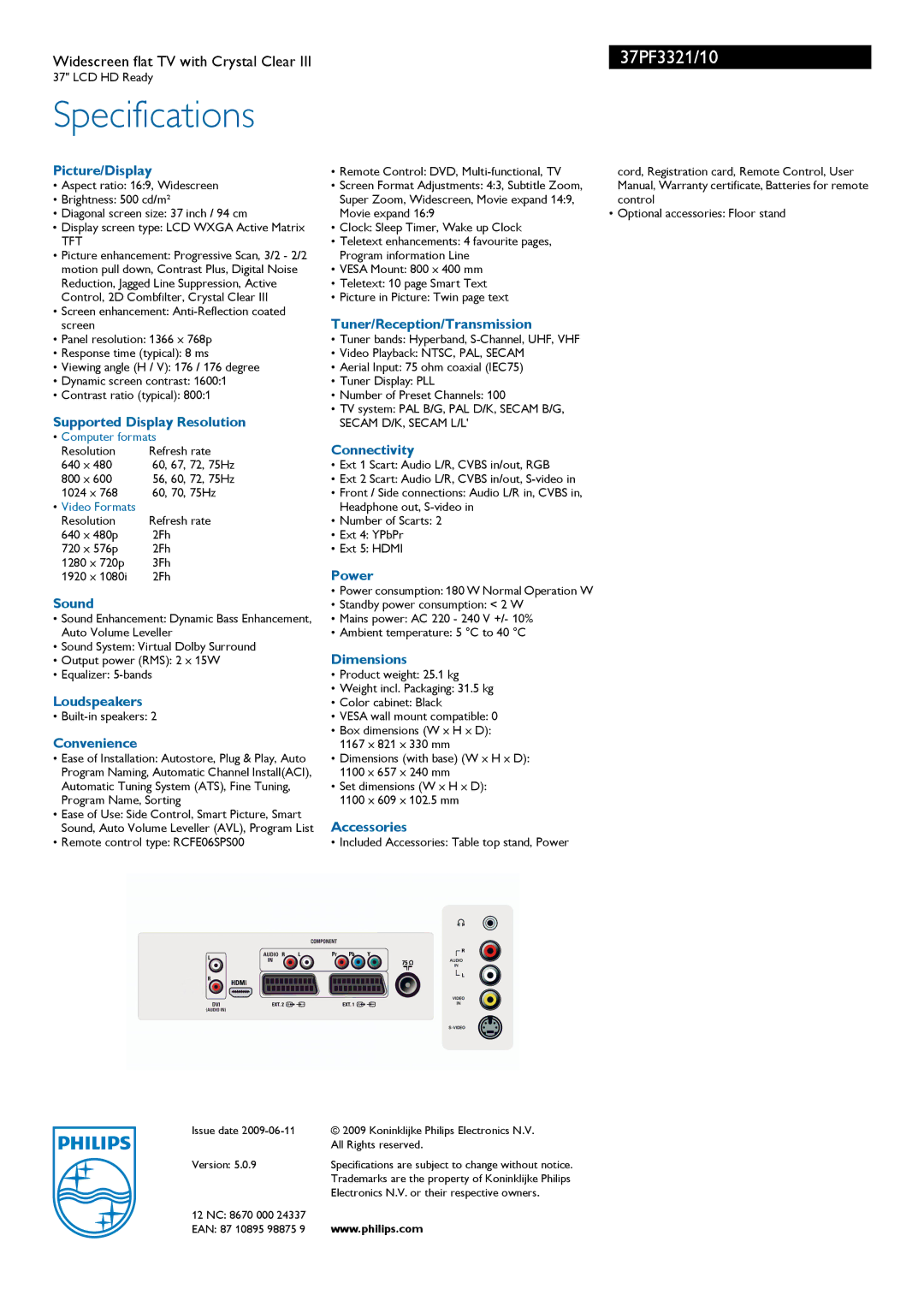 Philips 37PF3321/10 Picture/Display, Supported Display Resolution, Sound, Loudspeakers, Convenience, Connectivity, Power 