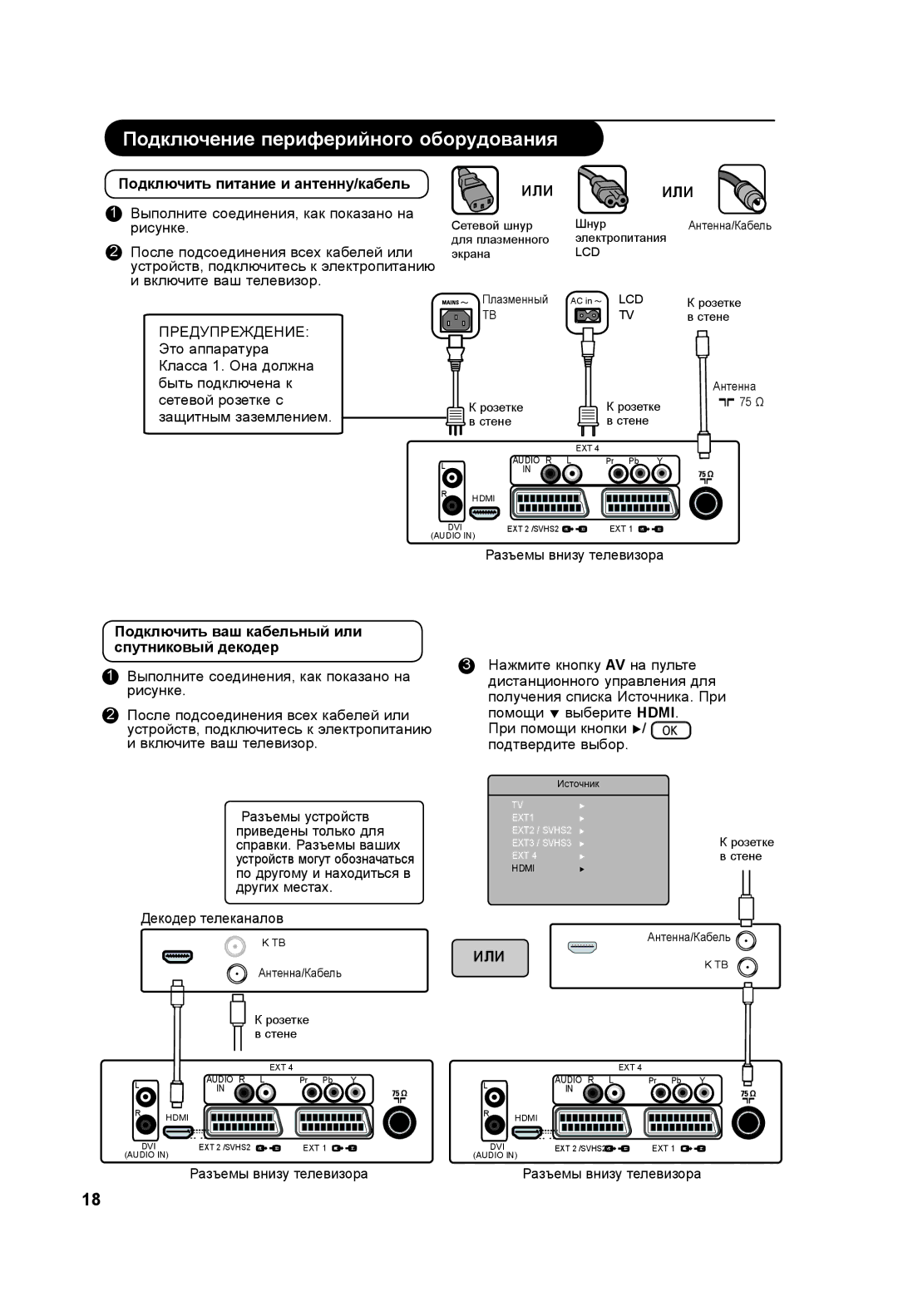 Philips 37PF3xxx, 42PF3xxx manual Подключить питание и антенну/кабель, Подключить ваш кабельный или спутниковый декодер 