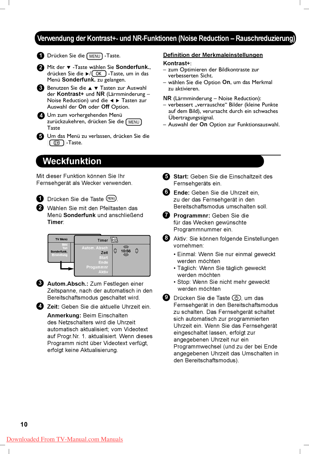 Philips 42PF5331, 37PF5321, 42PF5321 manual Weckfunktion, Definition der Merkmaleinstellungen Kontrast+ 