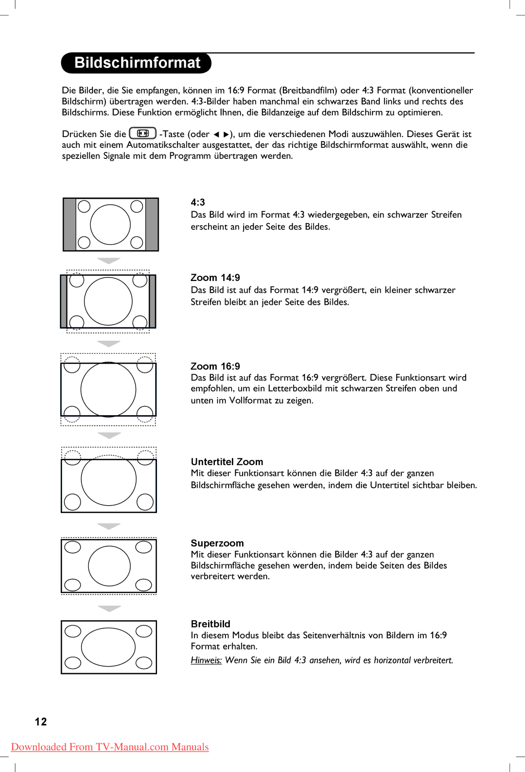 Philips 42PF5321, 37PF5321, 42PF5331 manual Bildschirmformat, Untertitel Zoom, Superzoom, Breitbild 