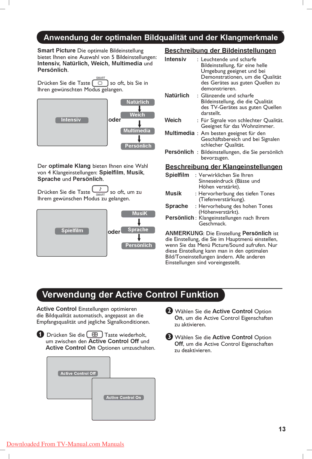 Philips 42PF5331 manual Verwendung der Active Control Funktion, Anwendung der optimalen Bildqualität und der Klangmerkmale 
