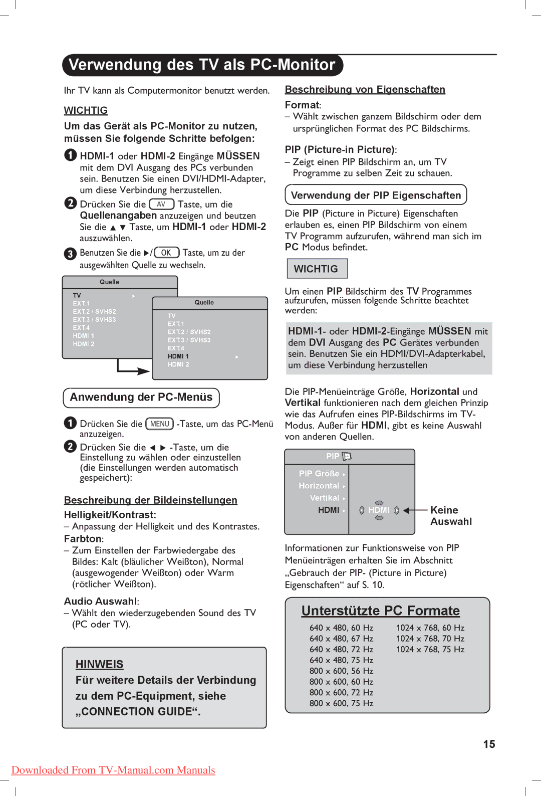 Philips 42PF5321, 37PF5321, 42PF5331 manual Verwendung des TV als PC-Monitor 