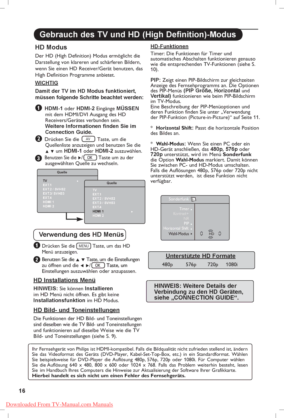 Philips 42PF5331 manual Gebrauch des TV und HD High Definition-Modus, Weitere Informationen finden Sie im Connection Guide 