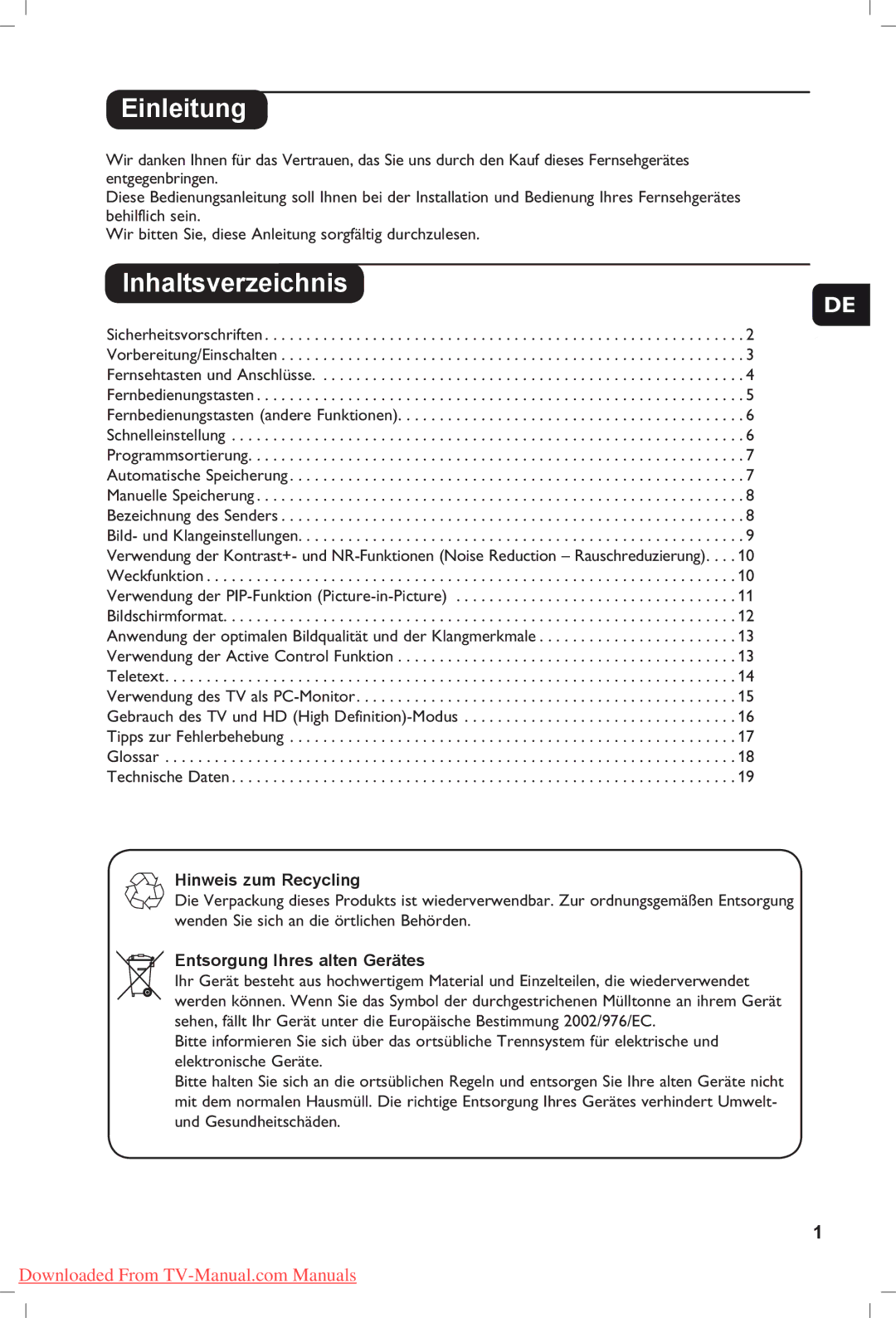 Philips 42PF5331, 37PF5321, 42PF5321 Einleitung, Inhaltsverzeichnis, Hinweis zum Recycling, Entsorgung Ihres alten Gerätes 