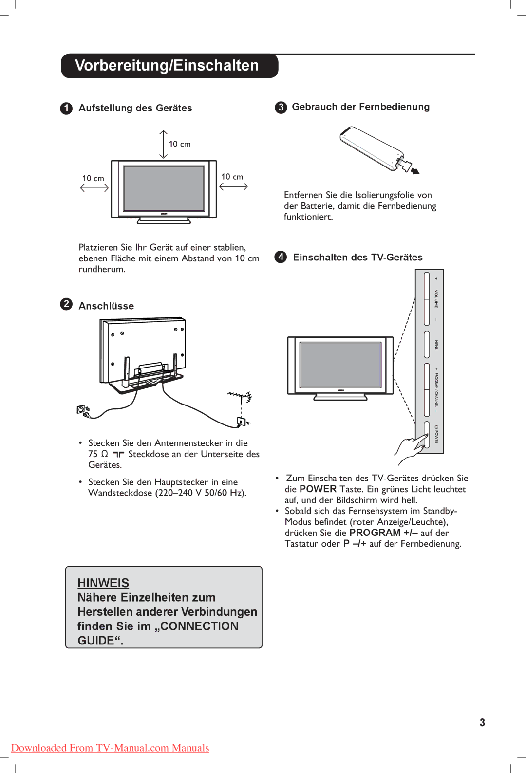 Philips 42PF5321, 37PF5321, 42PF5331 manual Vorbereitung/Einschalten, Anschlüsse, Einschalten des TV-Gerätes 