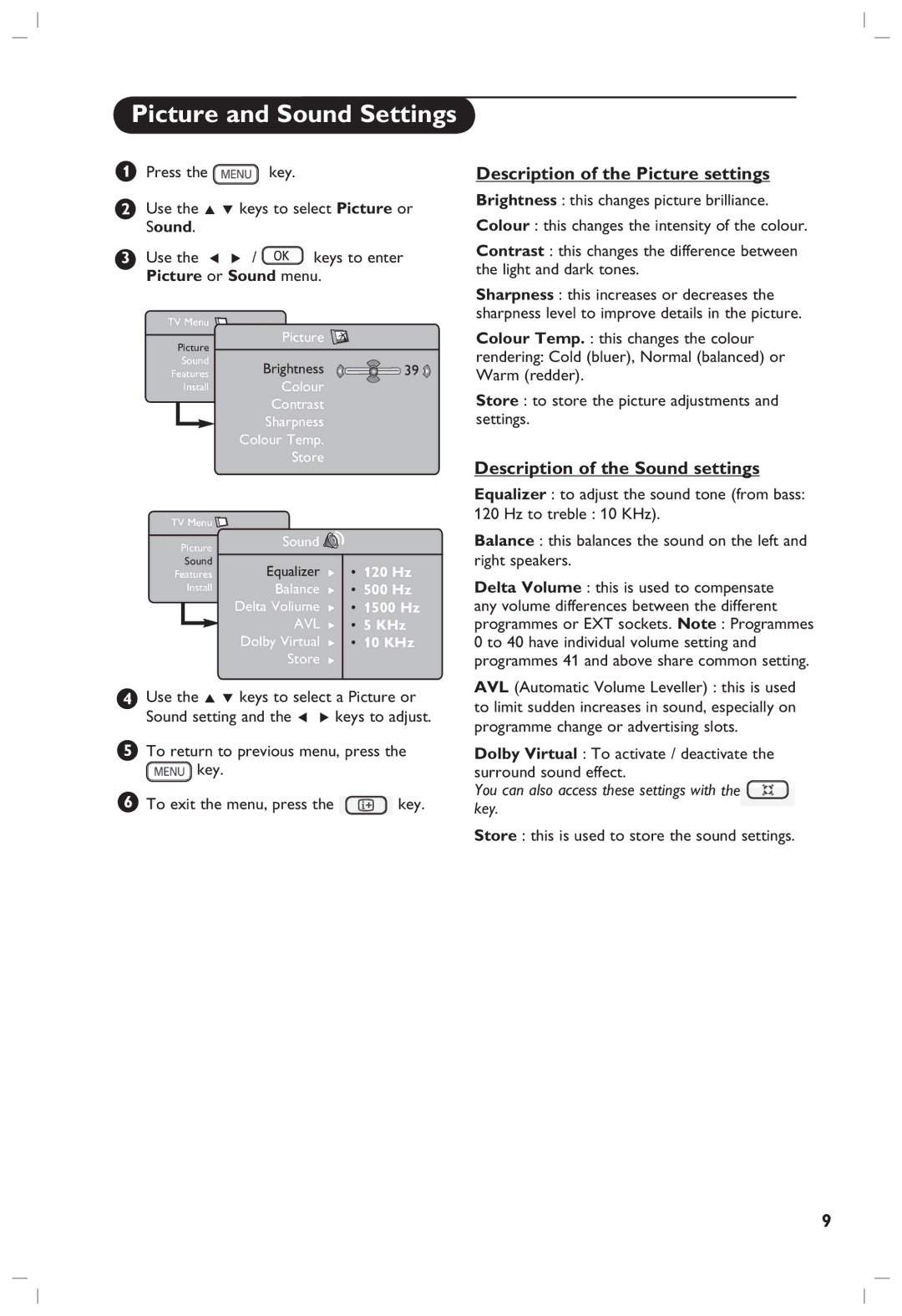 Philips 42PF5321, 37PF5321, 42PF5331 manual Description of the Picture settings, Description of the Sound settings 