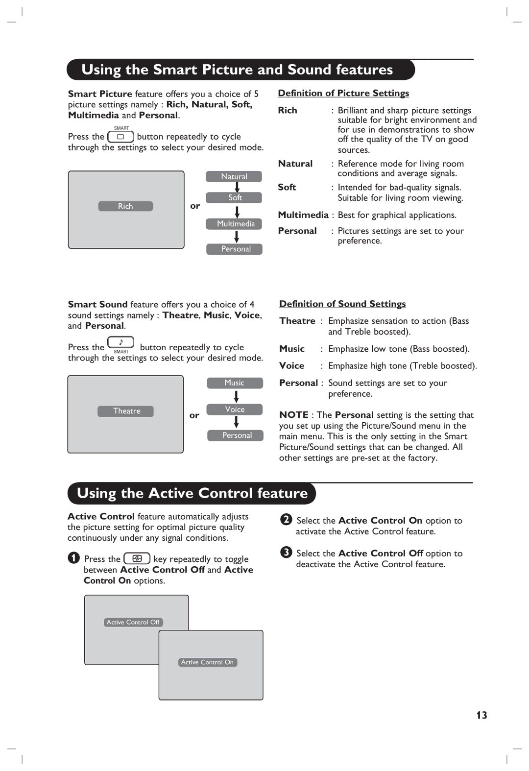 Philips 42PF5331, 37PF5321, 42PF5321 manual Using the Smart Picture and Sound features, Using the Active Control feature 