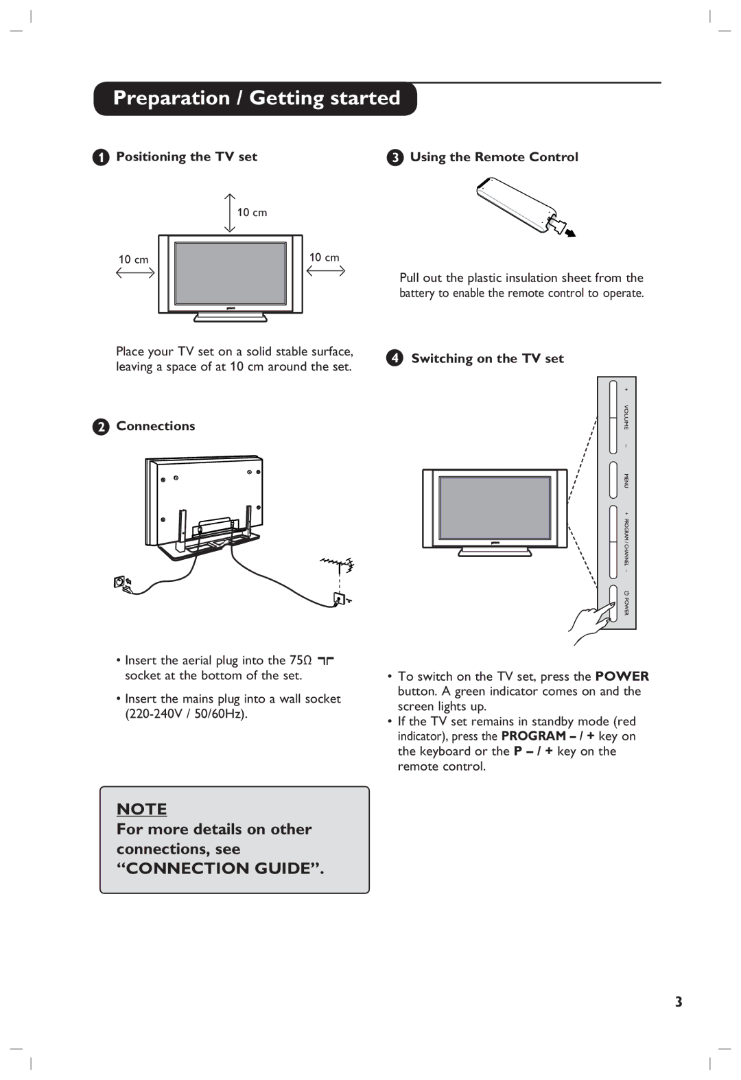 Philips 42PF5321, 37PF5321, 42PF5331 manual Preparation / Getting started, Connections, Switching on the TV set 