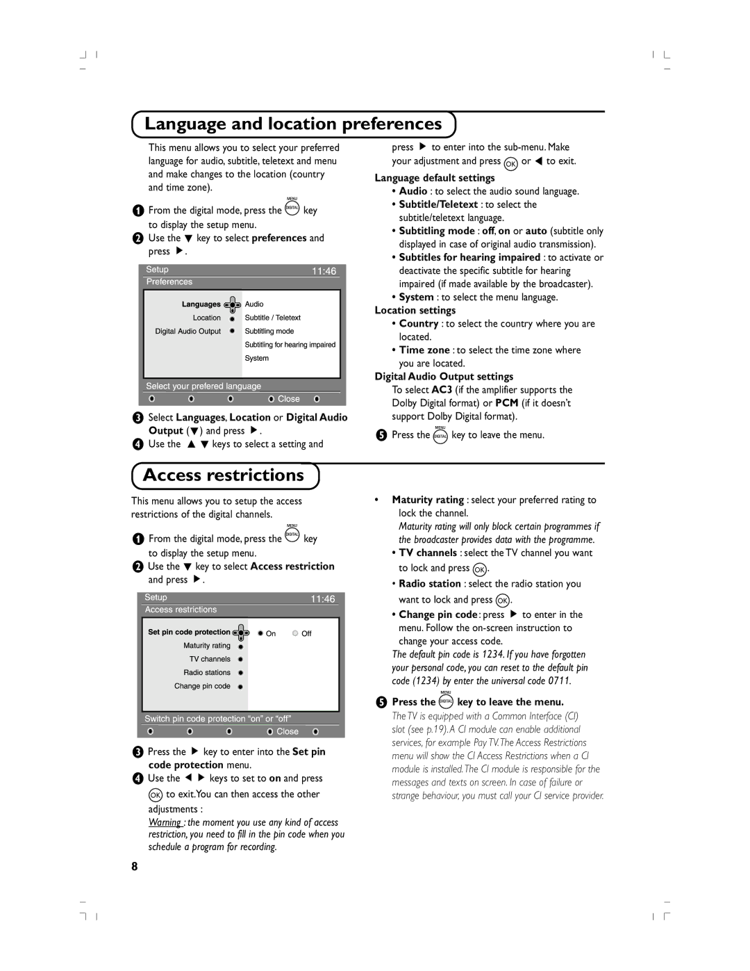 Philips 37PF5520D/10 Language and location preferences, Access restrictions, Language default settings, Location settings 