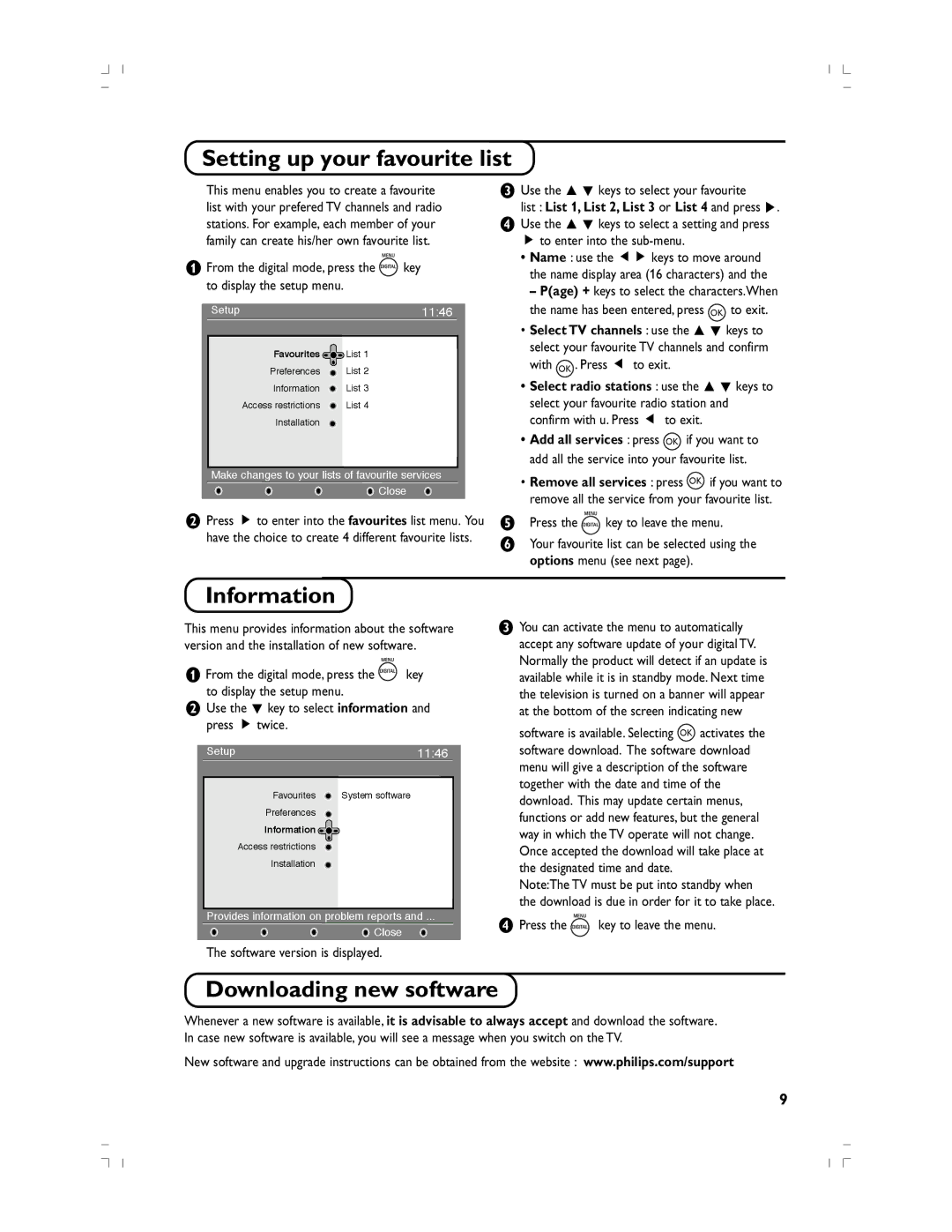 Philips 37PF5520D/10 manual Setting up your favourite list, Information, Downloading new software 