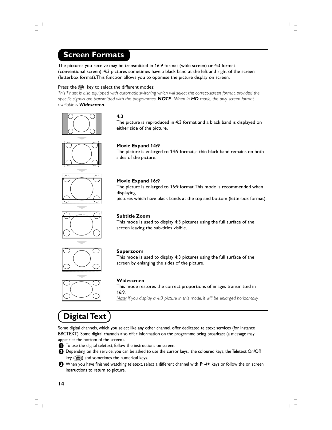 Philips 37PF5520D/10 manual Screen Formats, Digital Text 