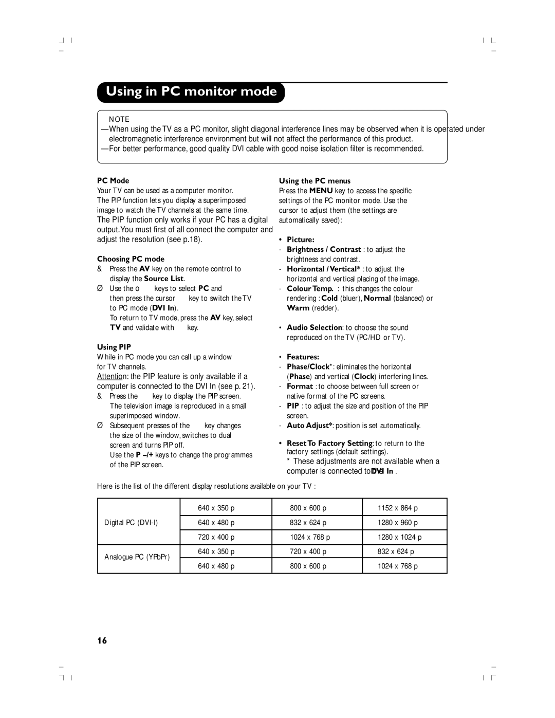 Philips 37PF5520D/10 manual Using in PC monitor mode 