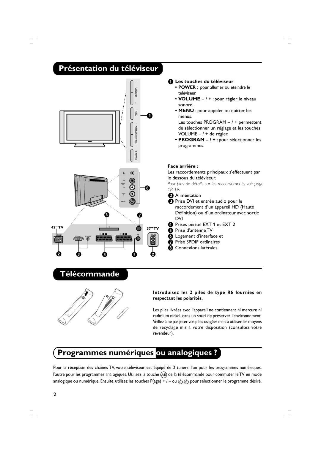 Philips 37PF5520D/10 manual Présentation du téléviseur, Télécommande, Programmes numériques ou analogiques ?, Face arrière 