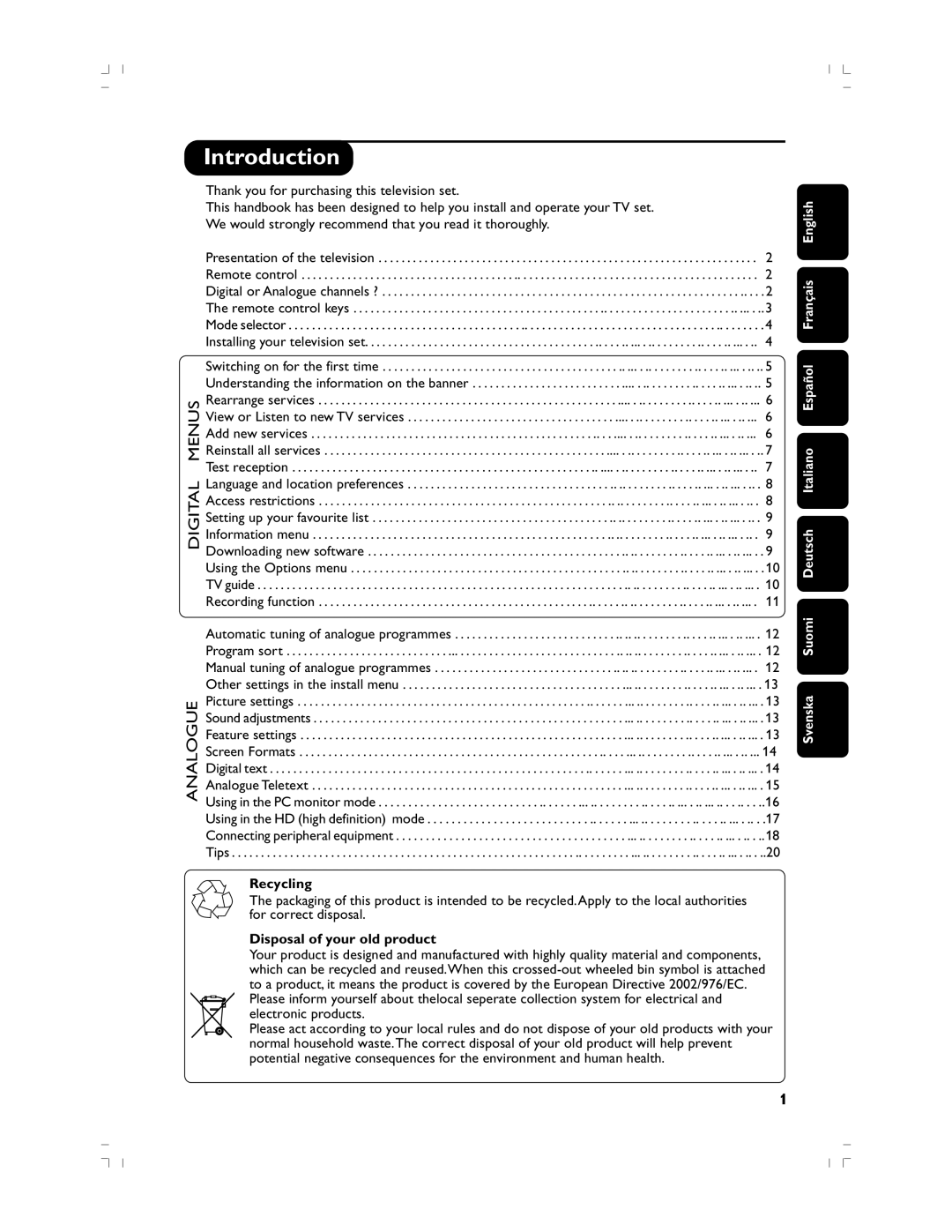 Philips 37PF5520D/10 manual Introduction, View or Listen to new TV services Add new services, Recycling 