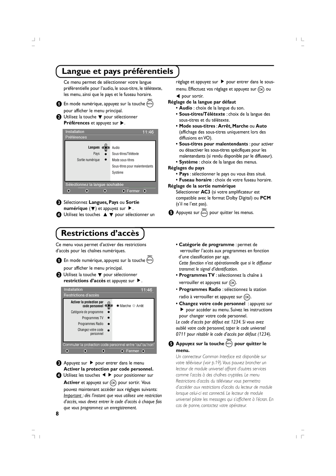 Philips 37PF5520D/10 manual Langue et pays préférentiels, Restrictions d’accès 