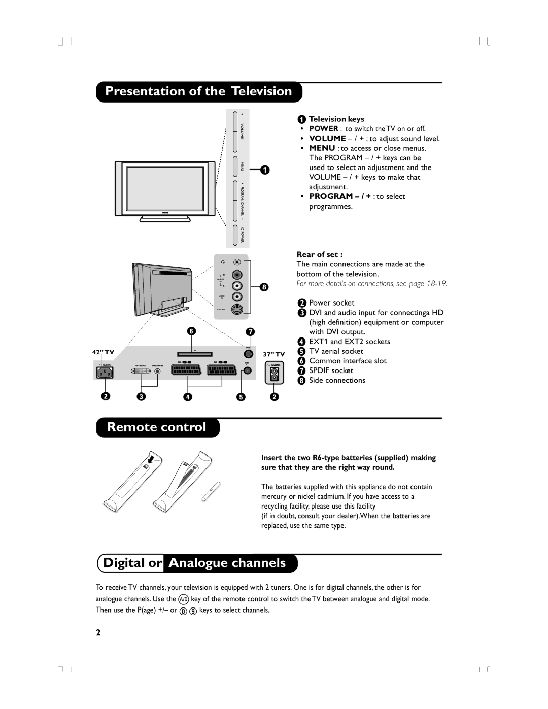 Philips 37PF5520D/10 manual Presentation of the Television, Remote control, Digital or Analogue channels, Television keys 